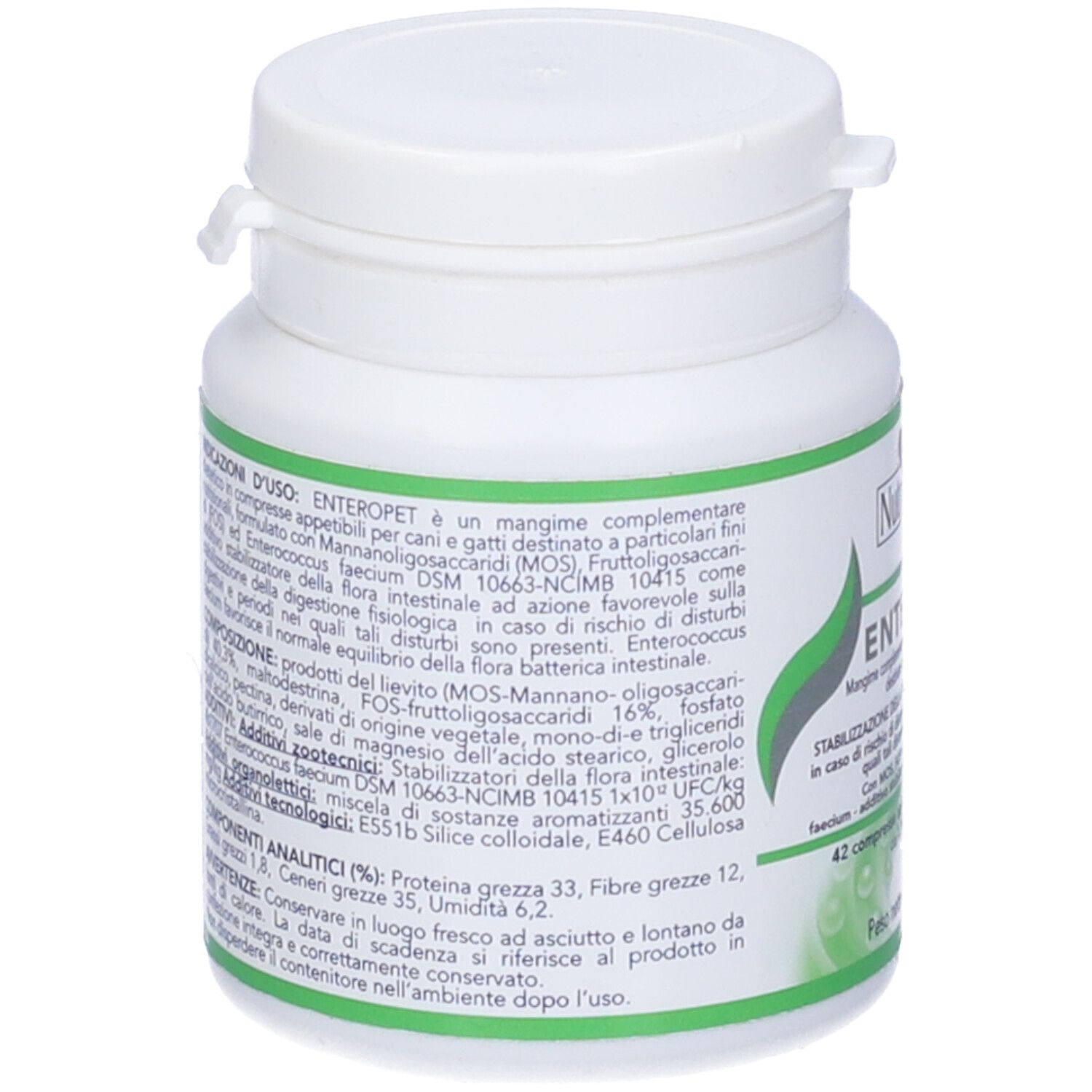 Barattolo bianco con etichetta verde. Retro con testo. Contiene Enteropet, 42 compresse. Per cani e gatti.