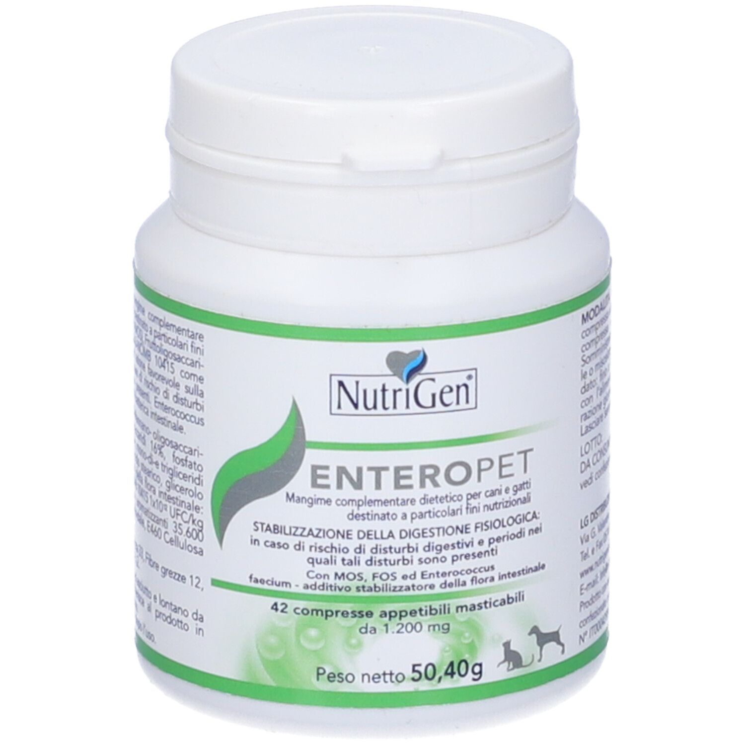 Barattolo bianco con etichetta verde. Scritta Enteropet, 42 compresse. Marchio NutriGen. Per cani e gatti.