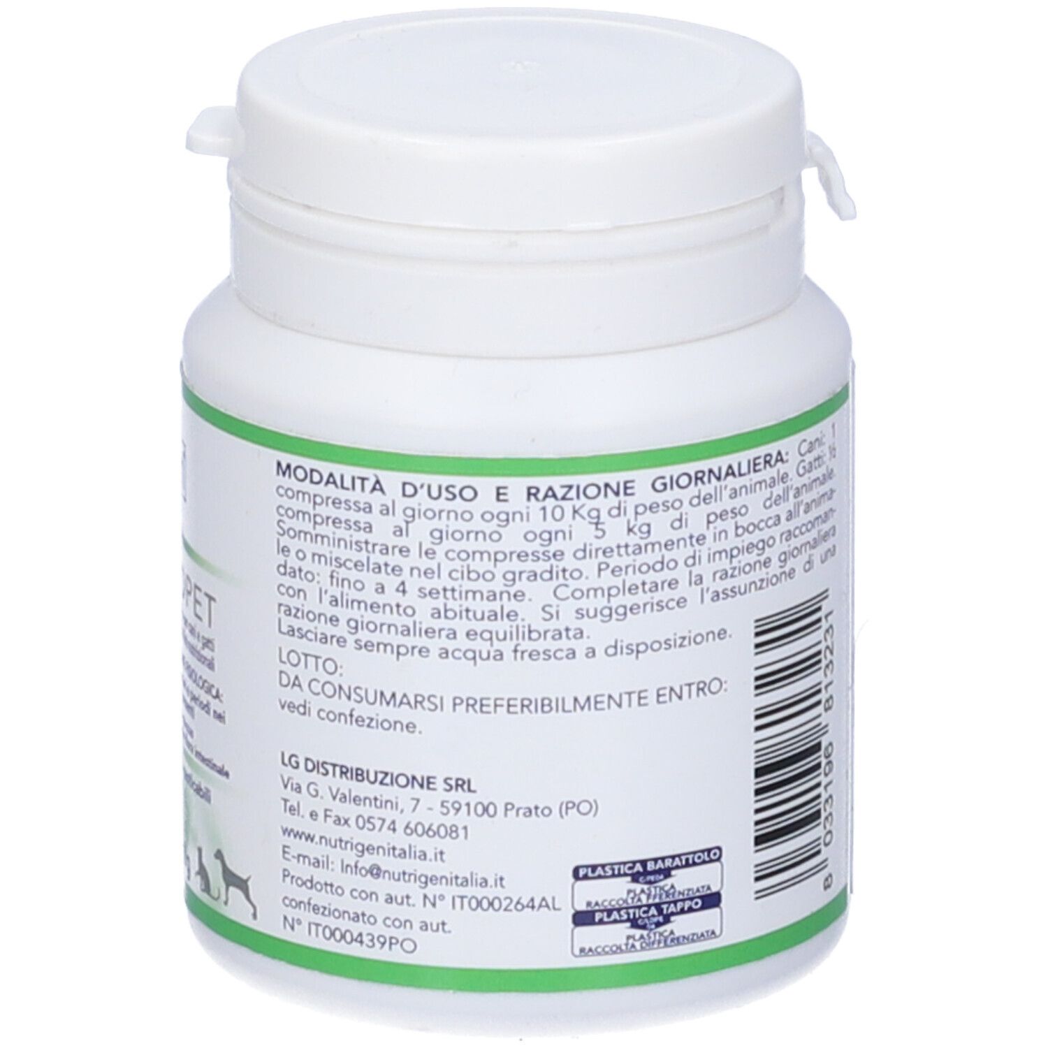 Barattolo bianco con etichetta verde. Retro con testo. Contiene Enteropet, 42 compresse. Per cani e gatti.