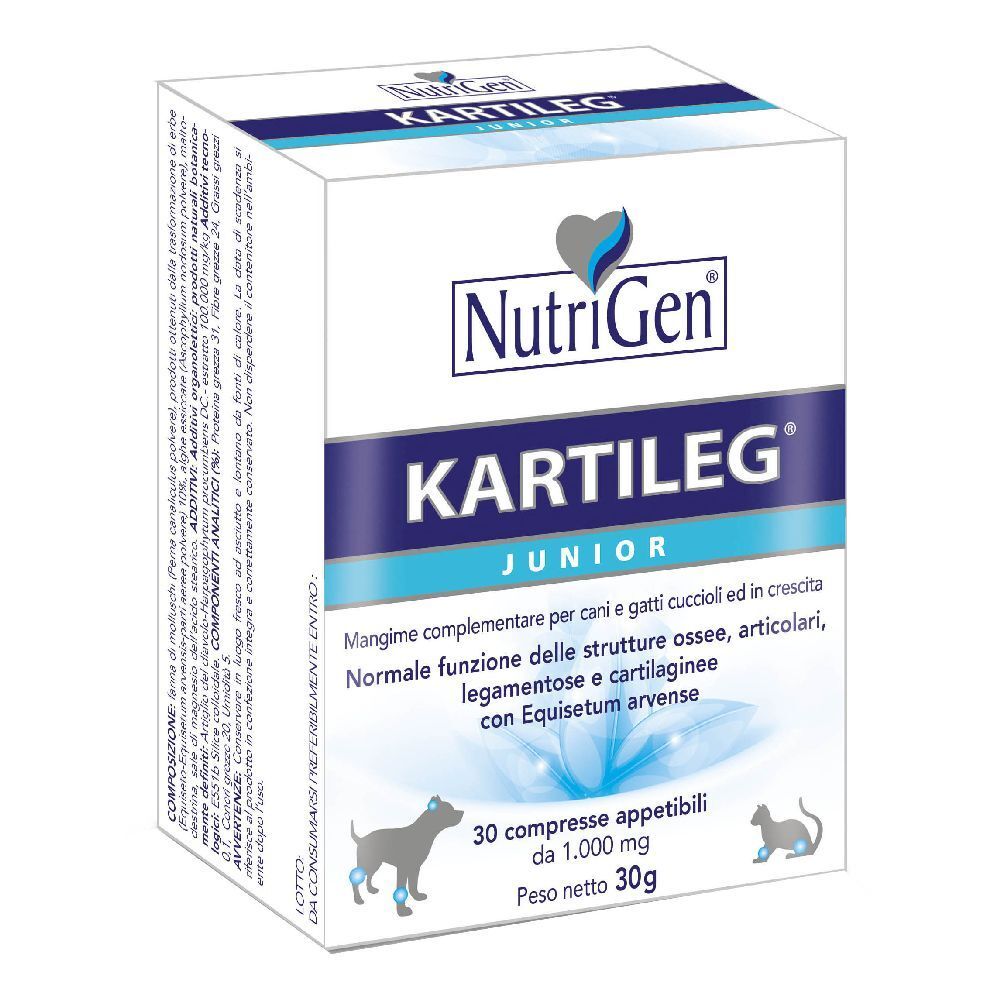 Scatola bianca con testo blu. Contiene Kartileg Junior 30 compresse. Marchio: NutriGen.