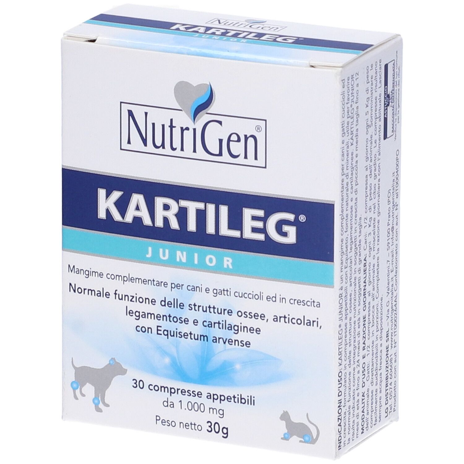 Scatola bianca con testo blu. Contiene Kartileg Junior 30 compresse. Marchio: NutriGen.