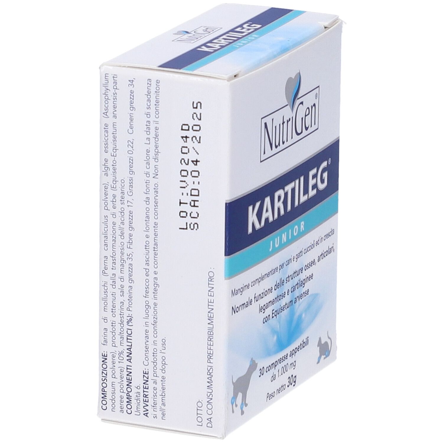 Scatola bianca con testo blu. Contiene Kartileg Junior 30 compresse. Marchio: NutriGen.