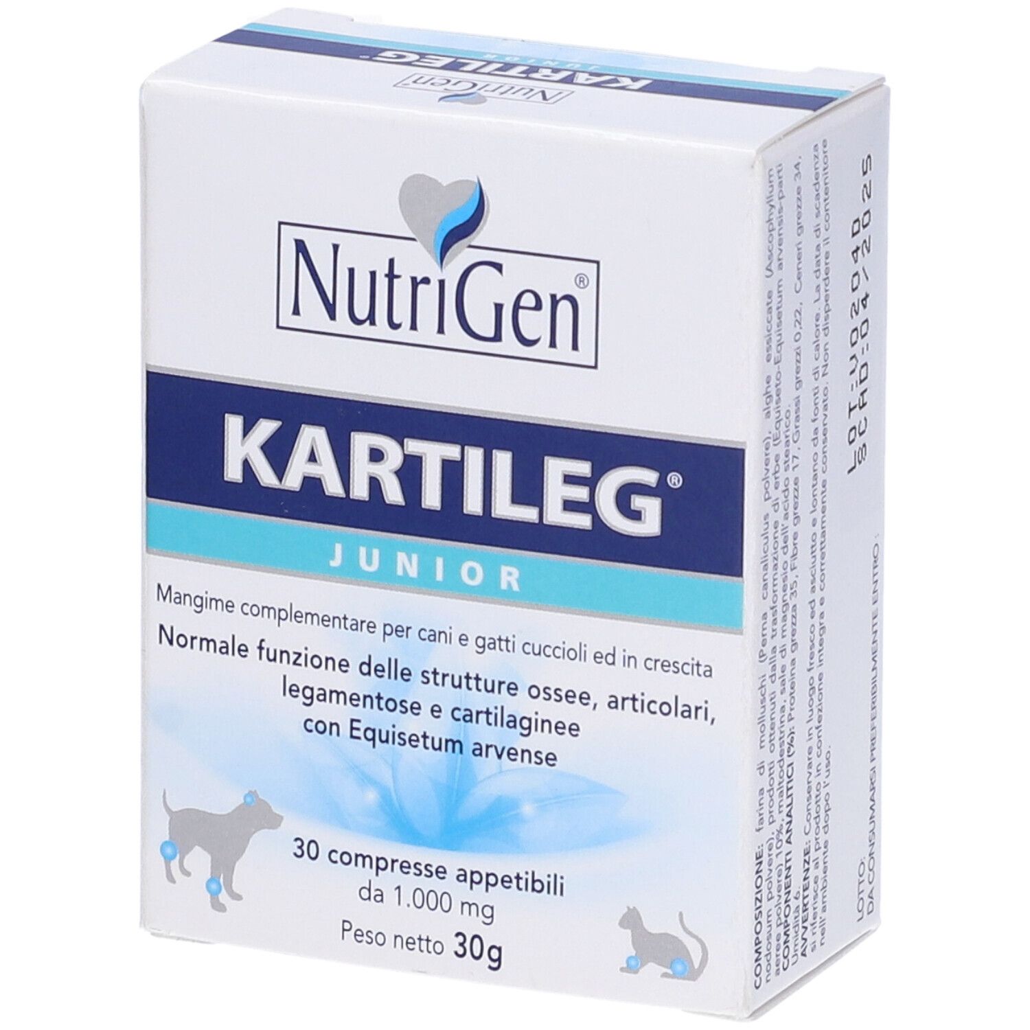 Scatola bianca con testo blu. Contiene Kartileg Junior 30 compresse. Marchio: NutriGen.