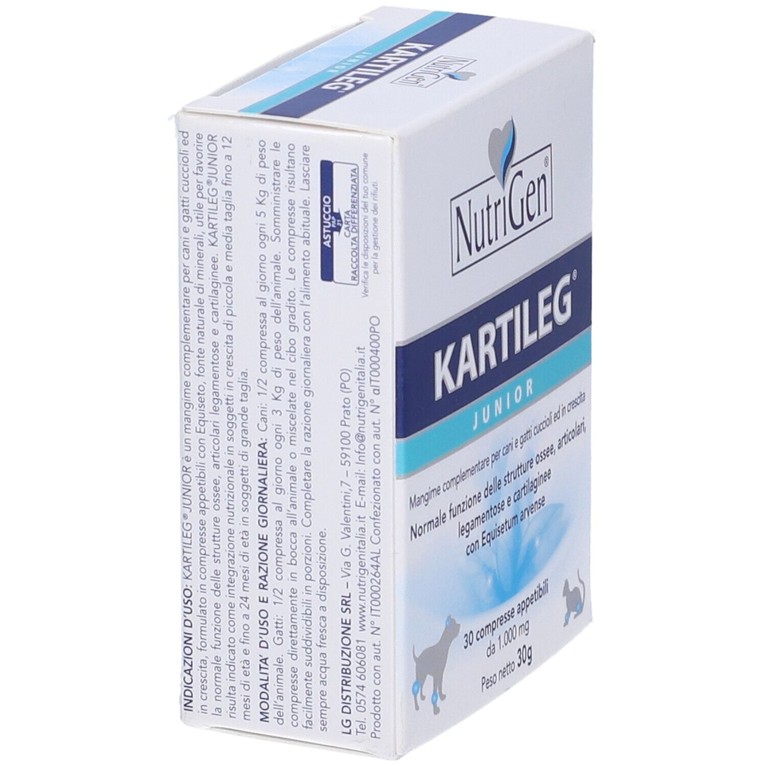 Scatola bianca con testo blu. Contiene Kartileg Junior 30 compresse. Marchio: NutriGen.