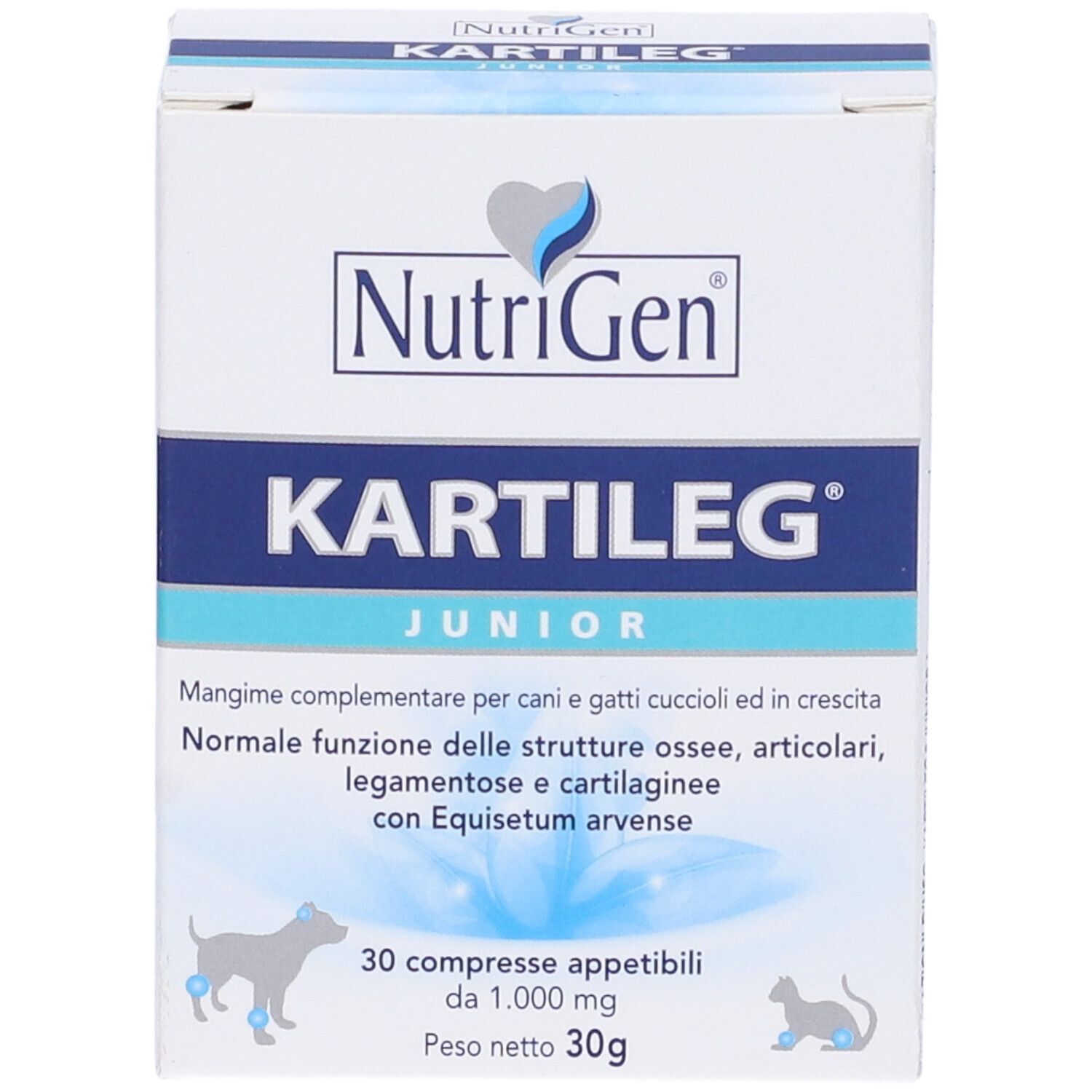 Scatola bianca con testo blu. Contiene Kartileg Junior 30 compresse. Marchio: NutriGen.