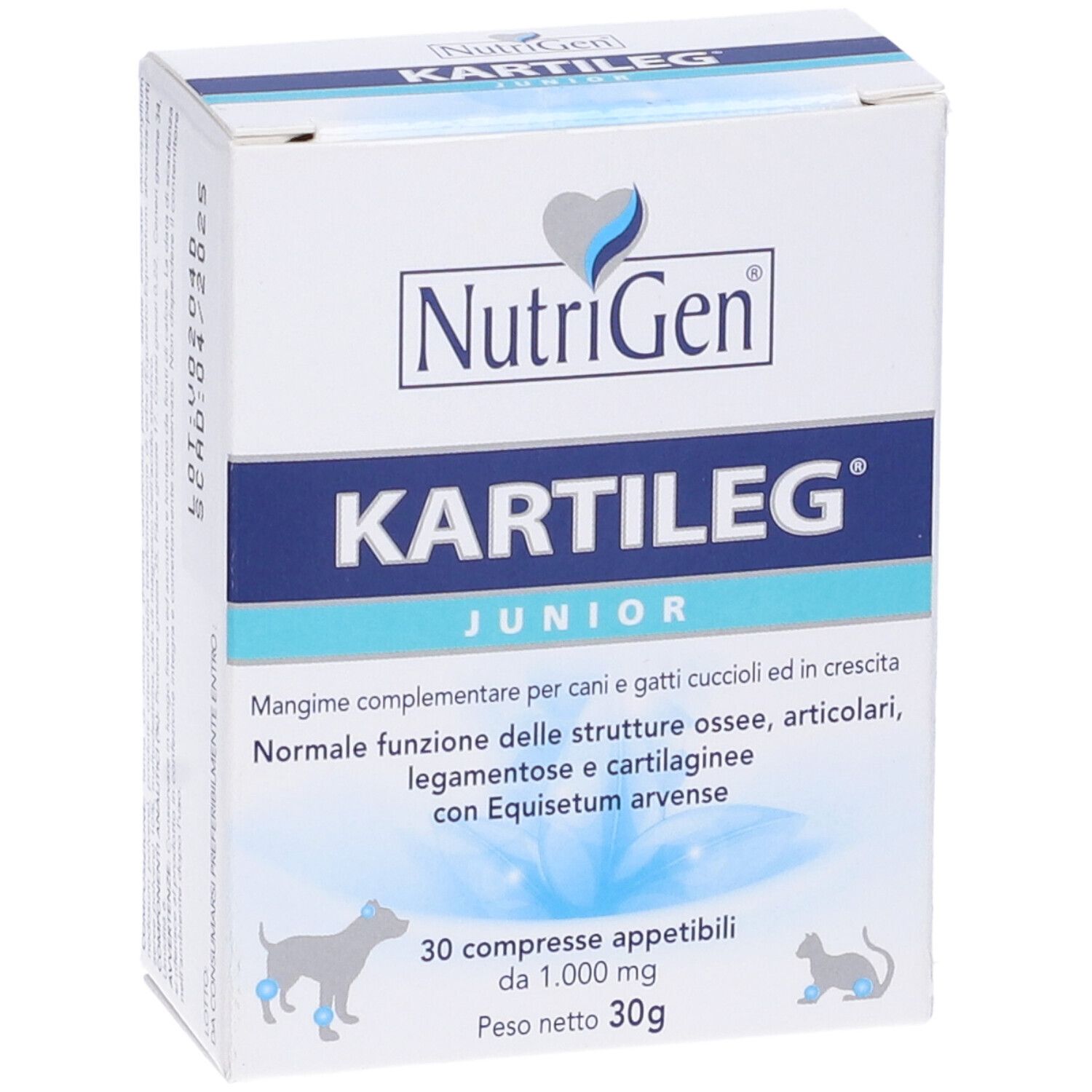 Scatola bianca con testo blu. Contiene Kartileg Junior 30 compresse. Marchio: NutriGen.