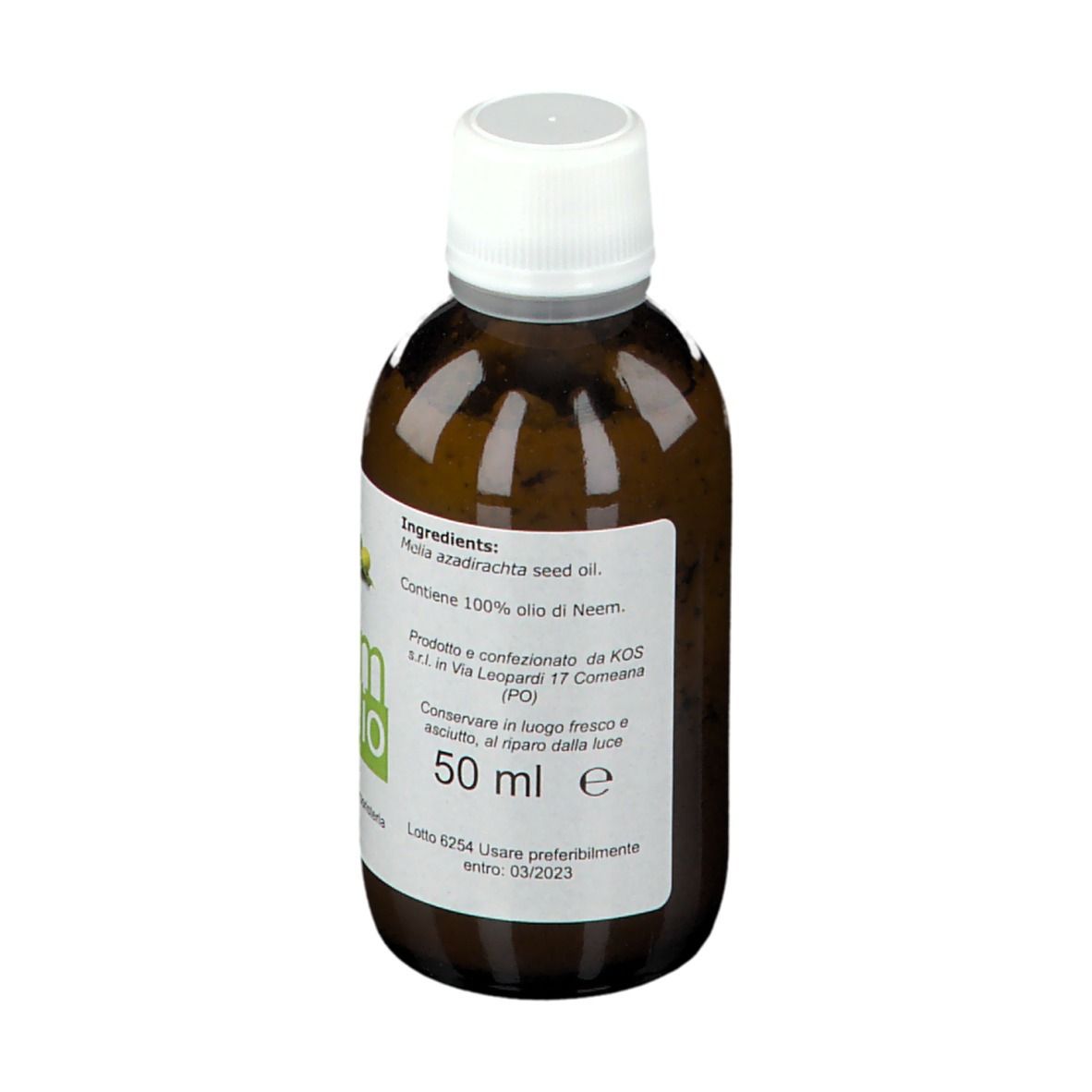 Flacone di vetro marrone con tappo bianco. Etichetta con nome del prodotto, ingredienti e 50 ml. KOS Laboratorio di erboristeria.