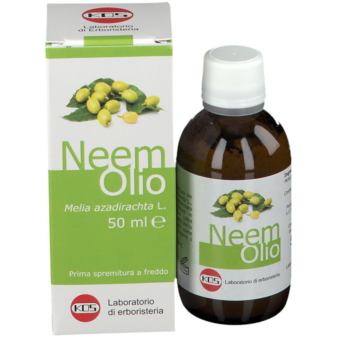 Confezione del prodotto con flacone. Flacone e scatola con nome del prodotto e 50 ml. KOS Laboratorio di erboristeria.