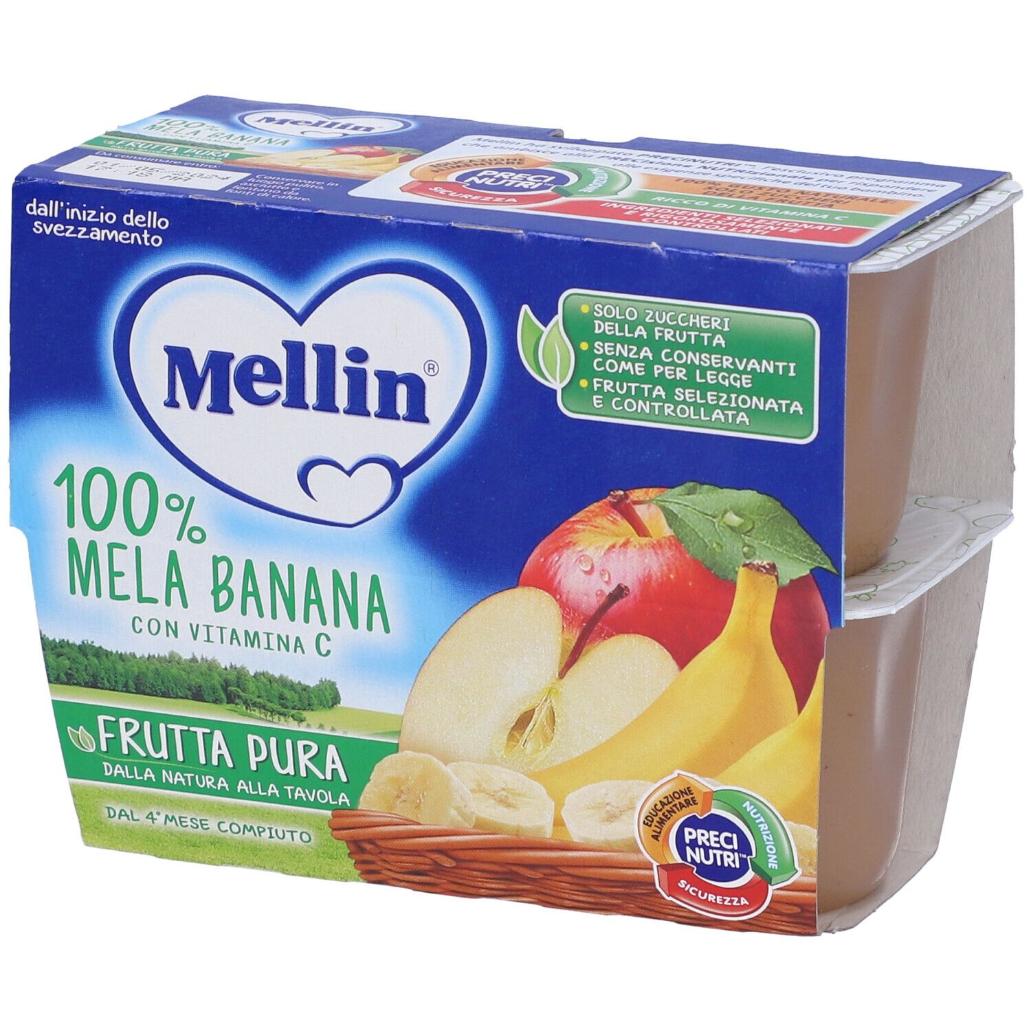 Confezione con due vasetti di purea di frutta. Scritta: Mellin 100% Mela Banana con vitamina C. Dal 4° mese compiuto.