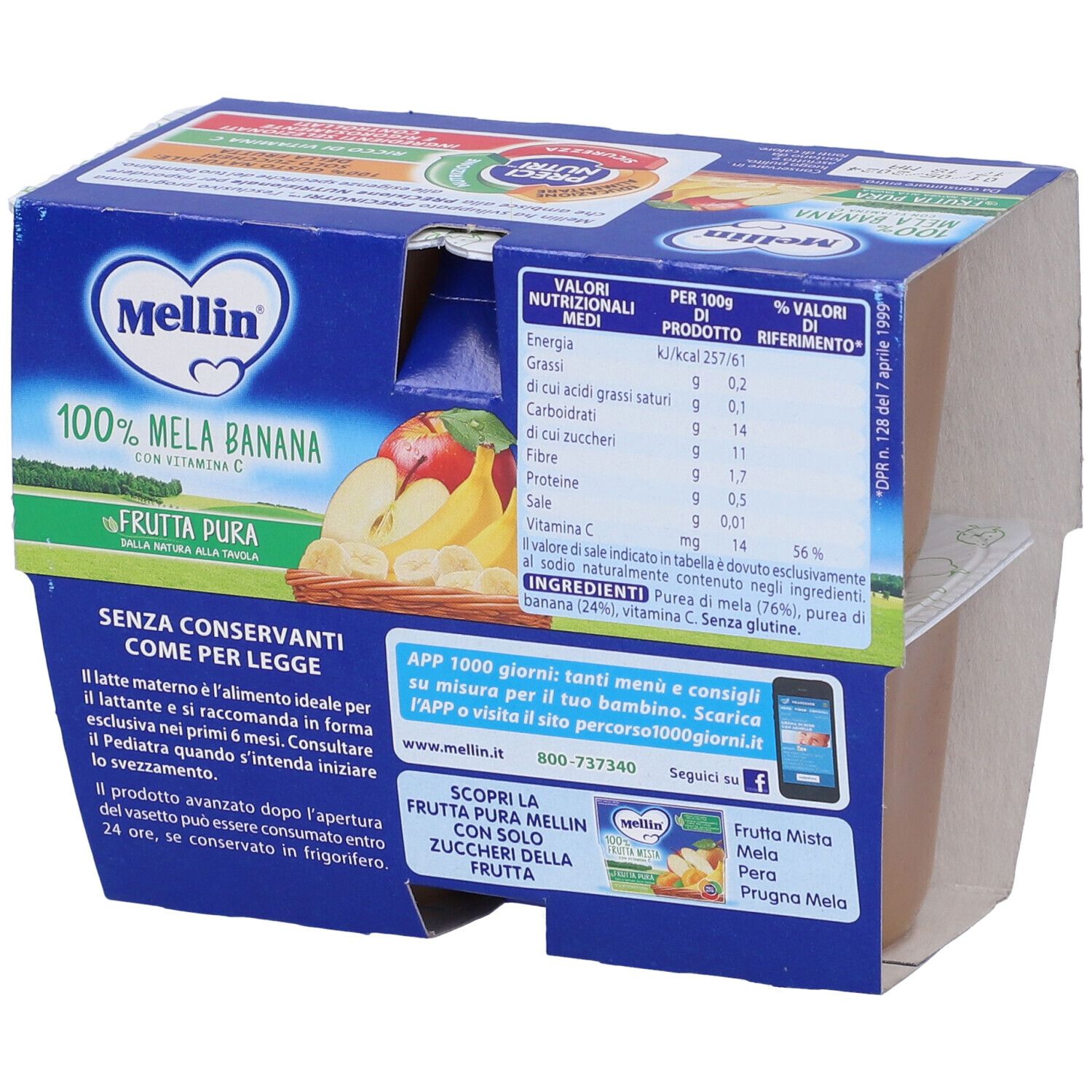 Confezione con due vasetti di purea di frutta. Scritta: Mellin 100% Mela Banana con vitamina C. Informazioni nutrizionali e altro.