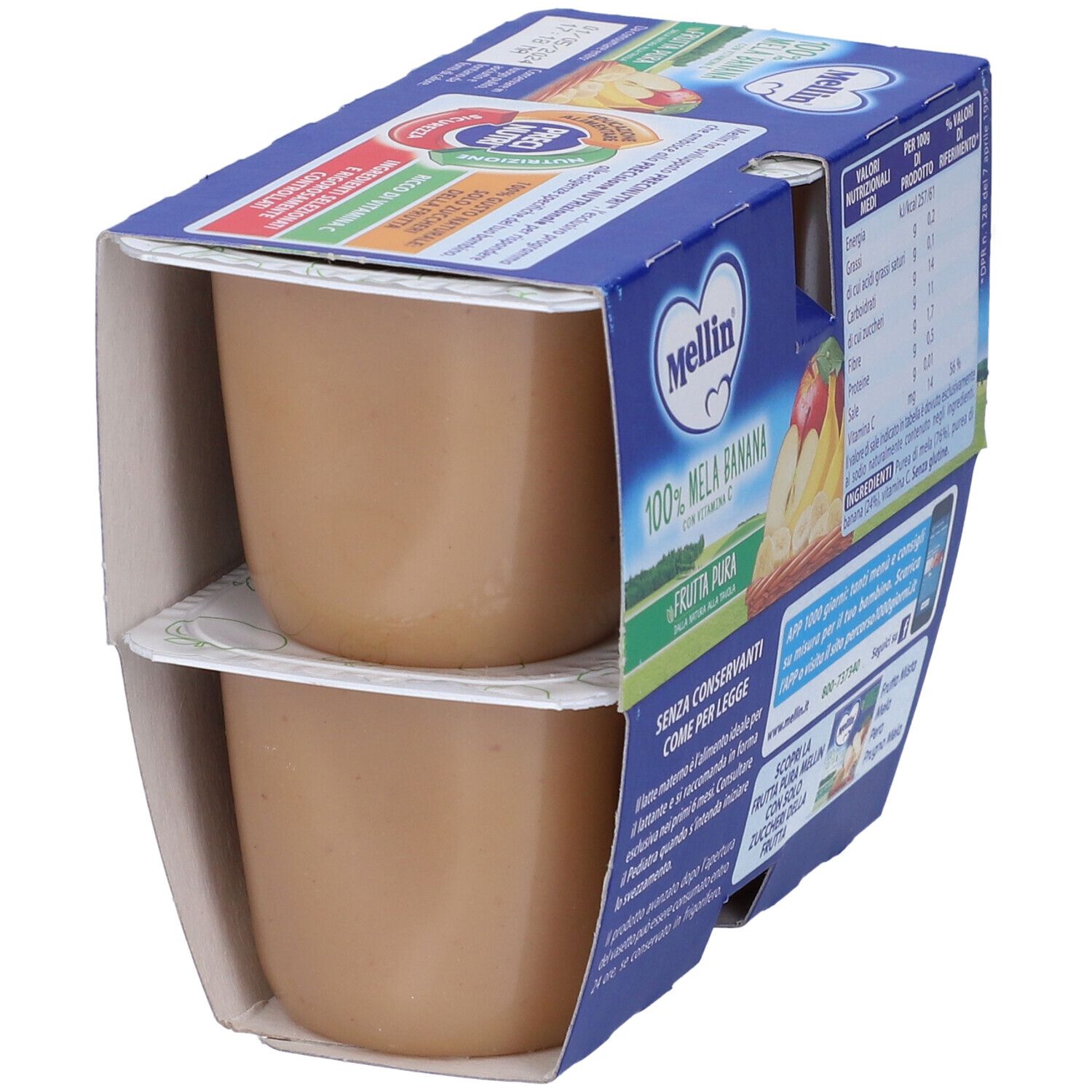 Confezione con due vasetti di purea di frutta. Scritta: Mellin 100% Mela Banana con vitamina C. Dettaglio della confezione.