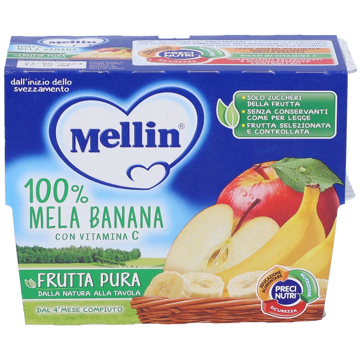 Confezione con due vasetti di purea di frutta. Scritta: Mellin 100% Mela Banana con vitamina C. Immagine di frutta.