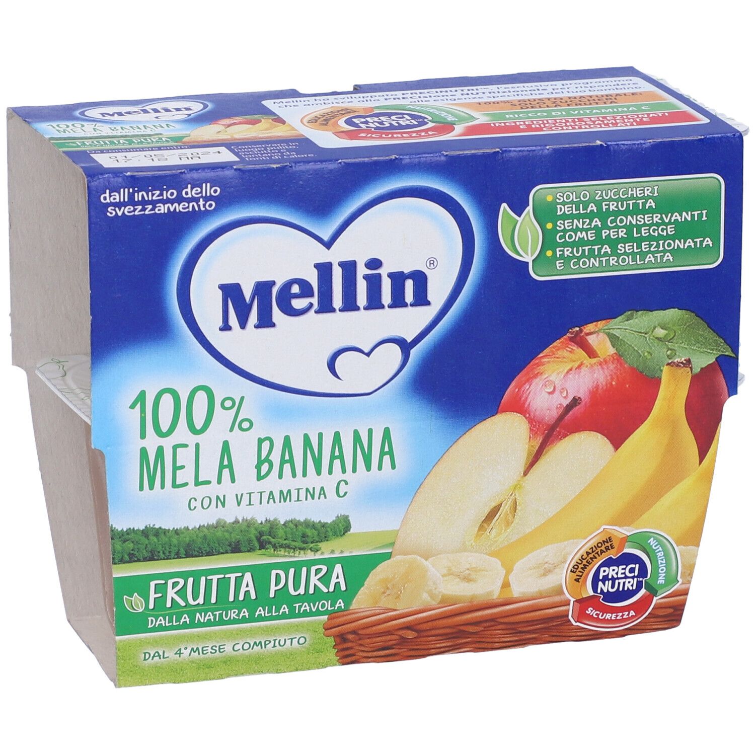 Confezione con due vasetti di purea di frutta. Scritta: Mellin 100% Mela Banana con vitamina C. Vista dall'alto.