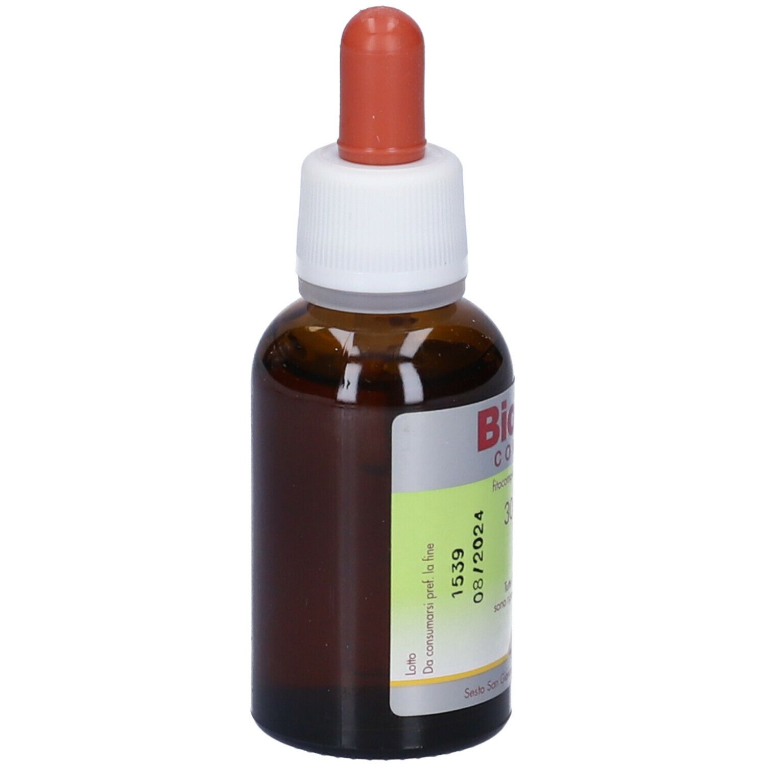 Flacone di vetro marrone con contagocce. Etichetta con informazioni. Liquido marrone visibile.