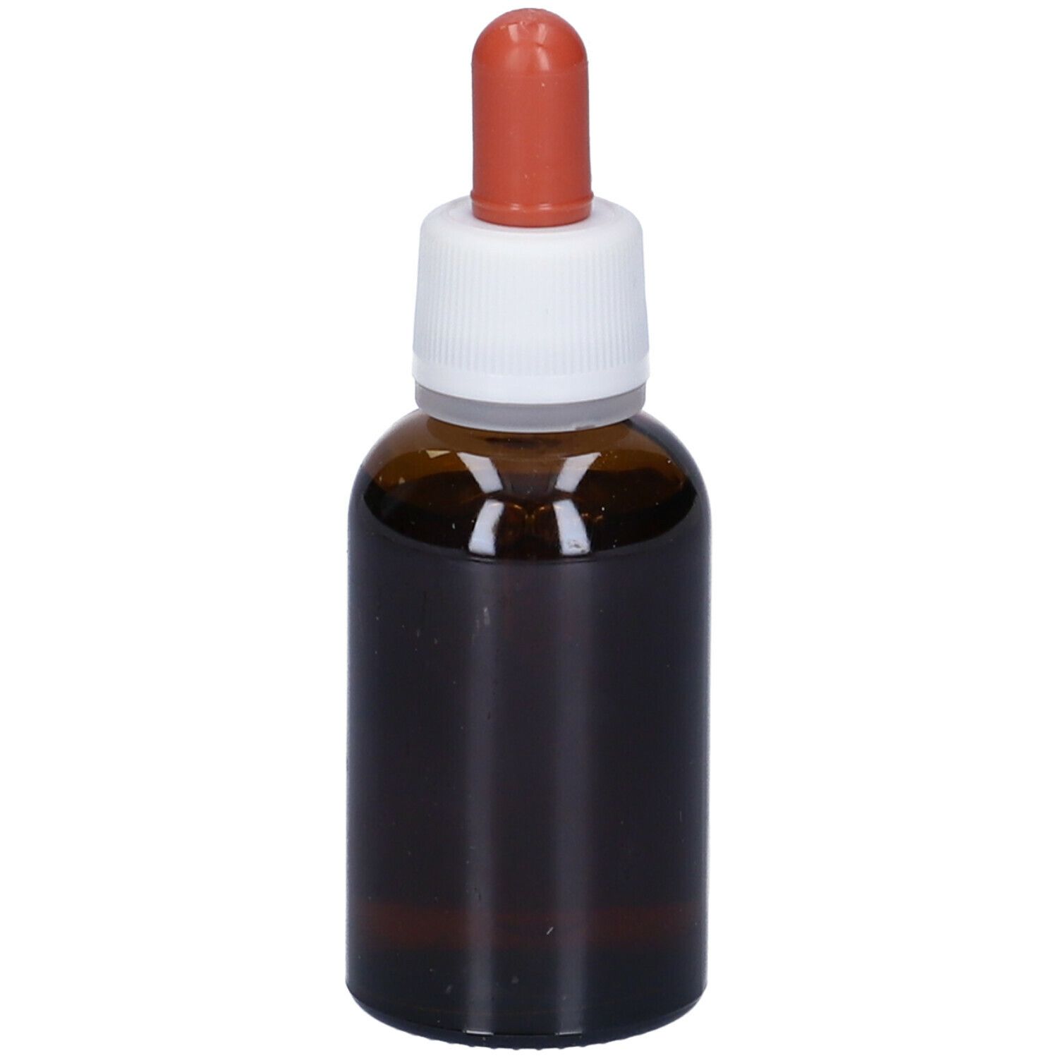 Flacone di vetro marrone con contagocce. Liquido marrone visibile. Tappo bianco.