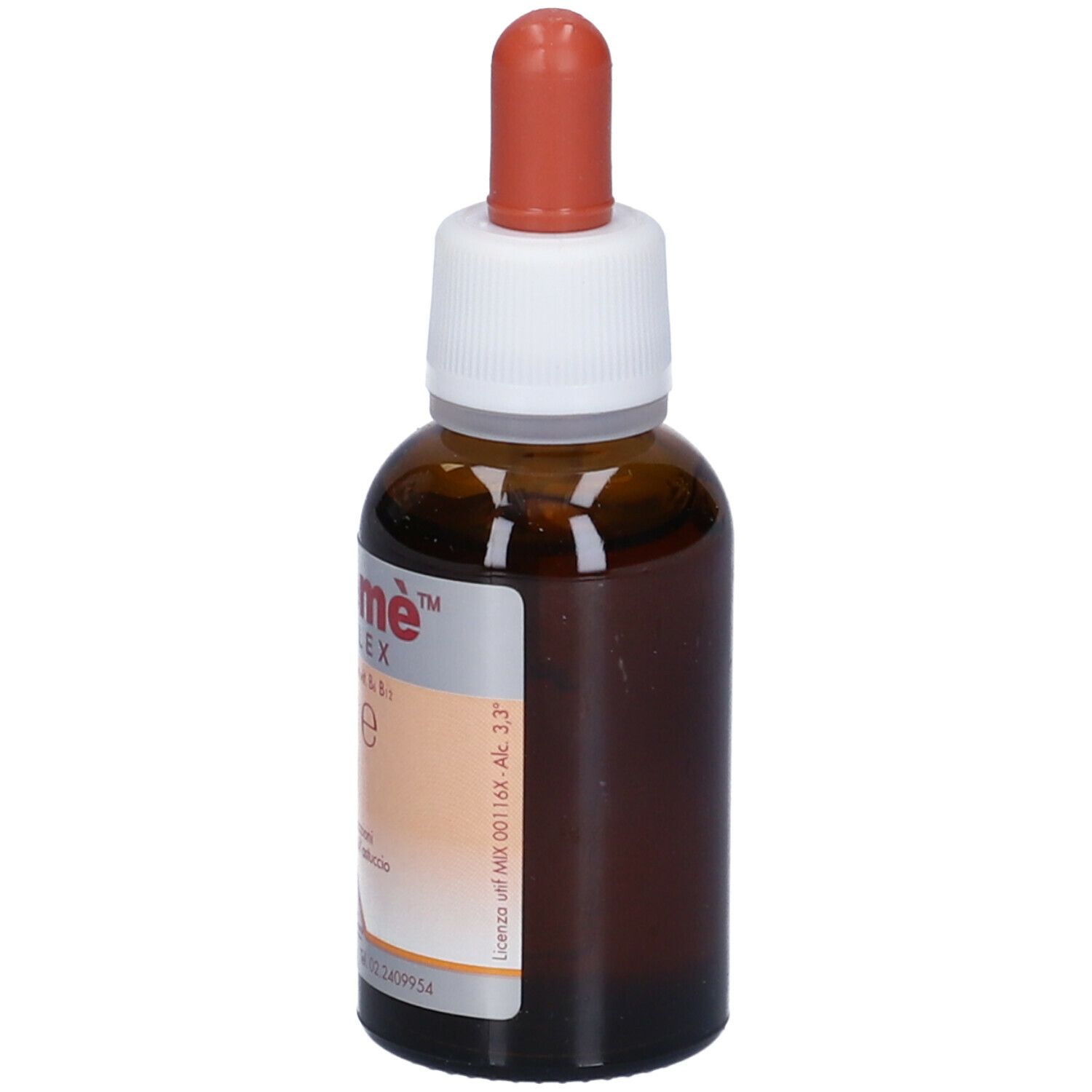 Flacone di vetro marrone con contagocce. Etichetta con nome del prodotto. Liquido marrone visibile.
