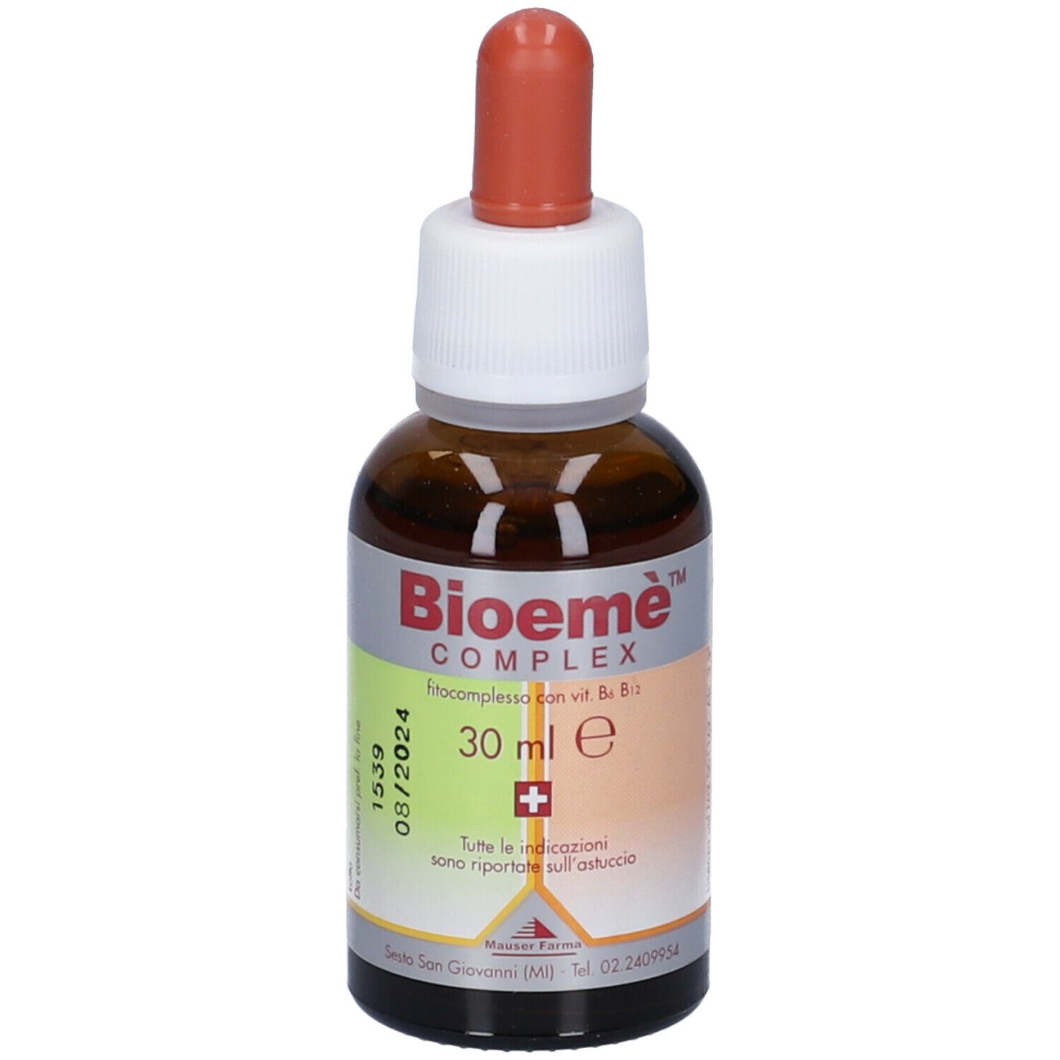 Flacone di vetro marrone con contagocce. Etichetta con nome e 30 ml. Liquido marrone.