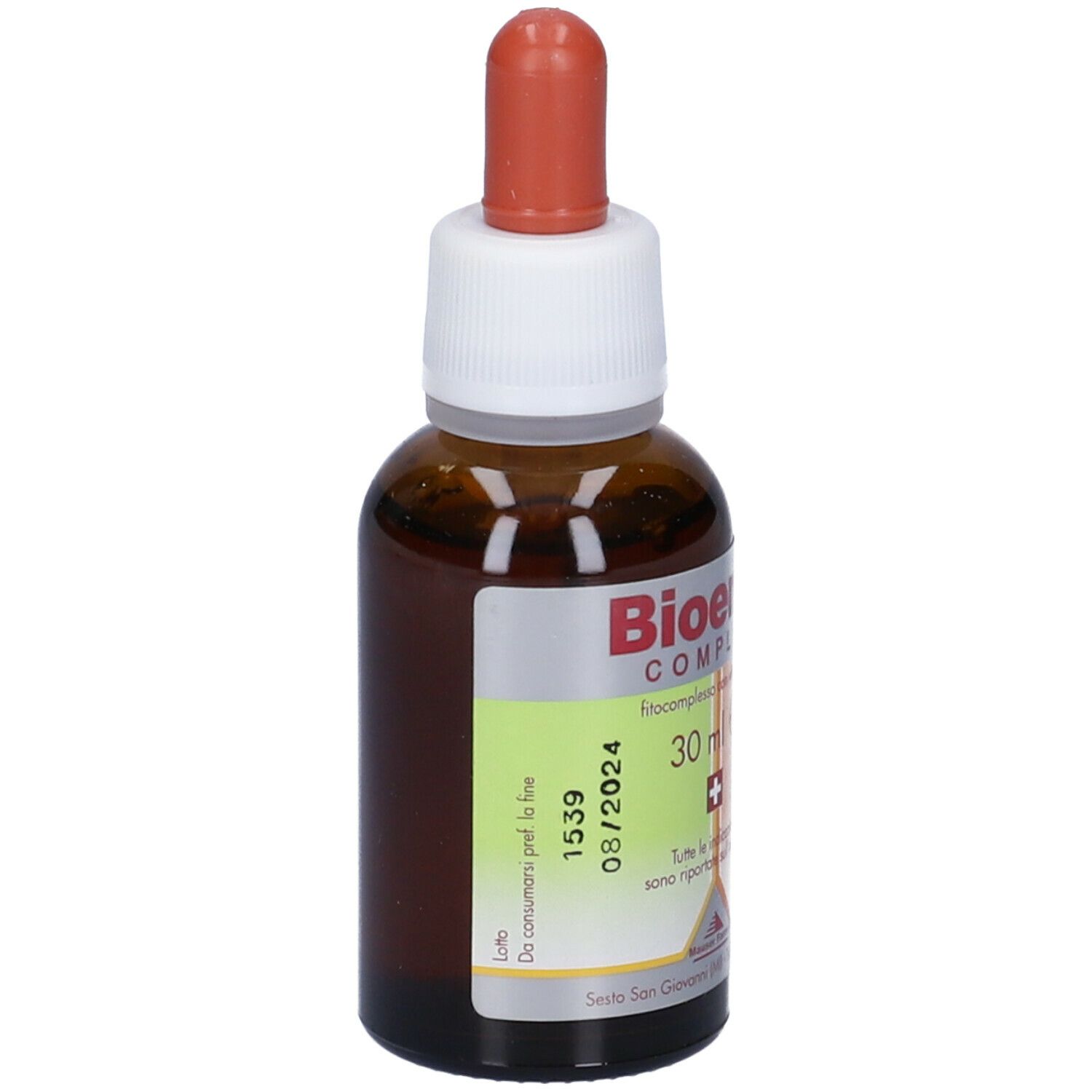 Flacone di vetro marrone con contagocce. Etichetta con nome e 30 ml. Liquido marrone.