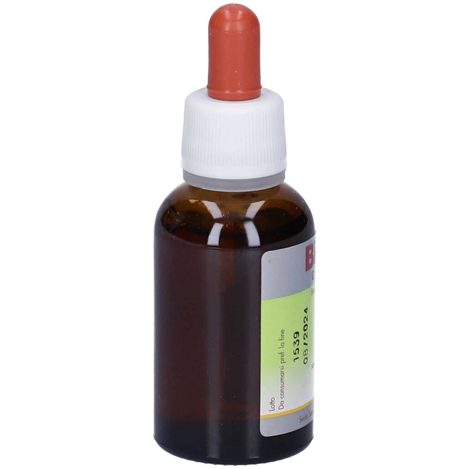 Flacone di vetro marrone con contagocce. Etichetta con nome e 30 ml. Liquido marrone.