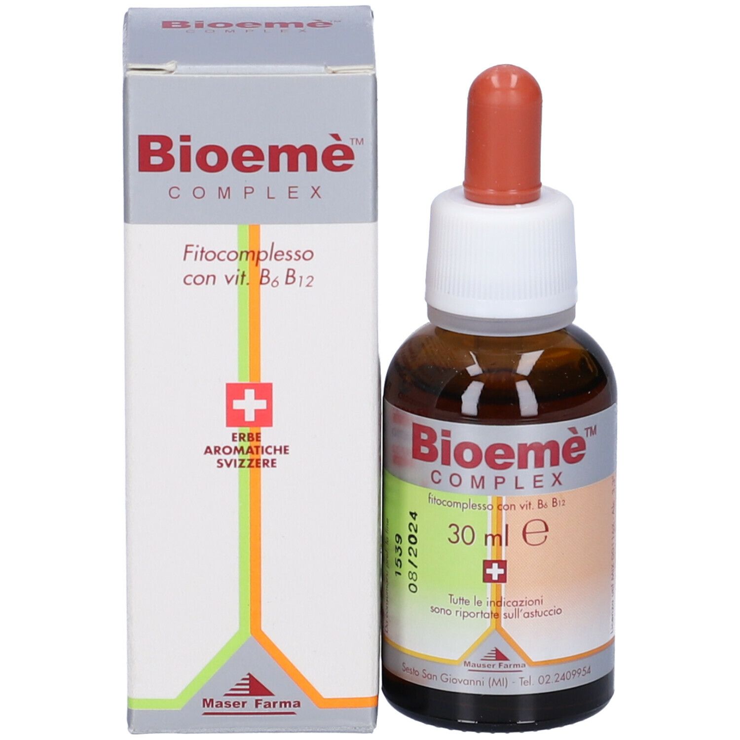 Flacone e scatola. Flacone con contagocce ed etichetta. Scatola con nome e logo.
