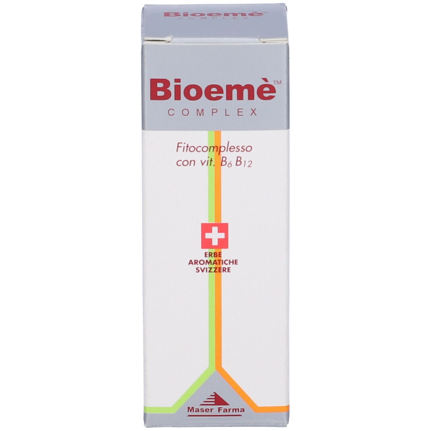 Scatola con nome e logo del prodotto. Croce svizzera. Strisce verdi, arancioni e grigie.