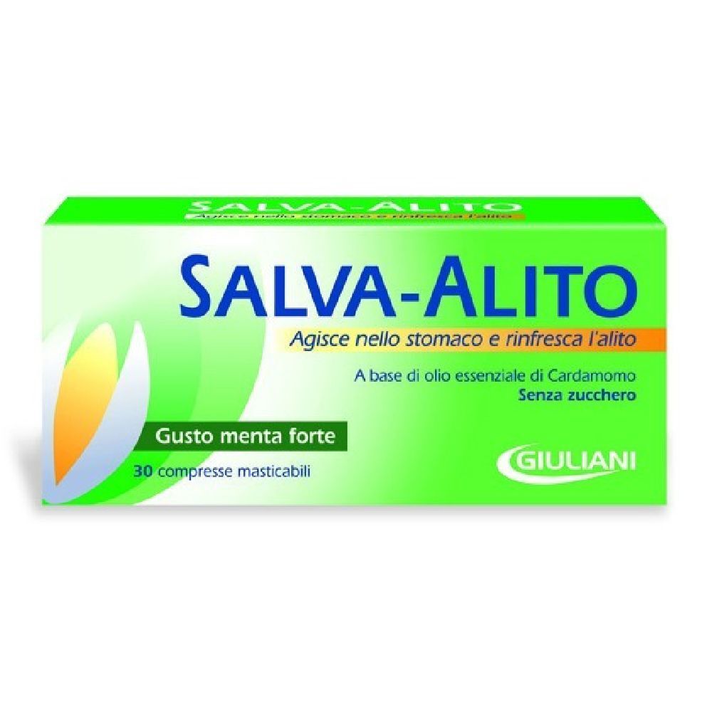 Scatola verde SALVA-ALITO. Testo: 'Gusto menta forte' e '30 compresse masticabili'. Marchio GIULIANI.