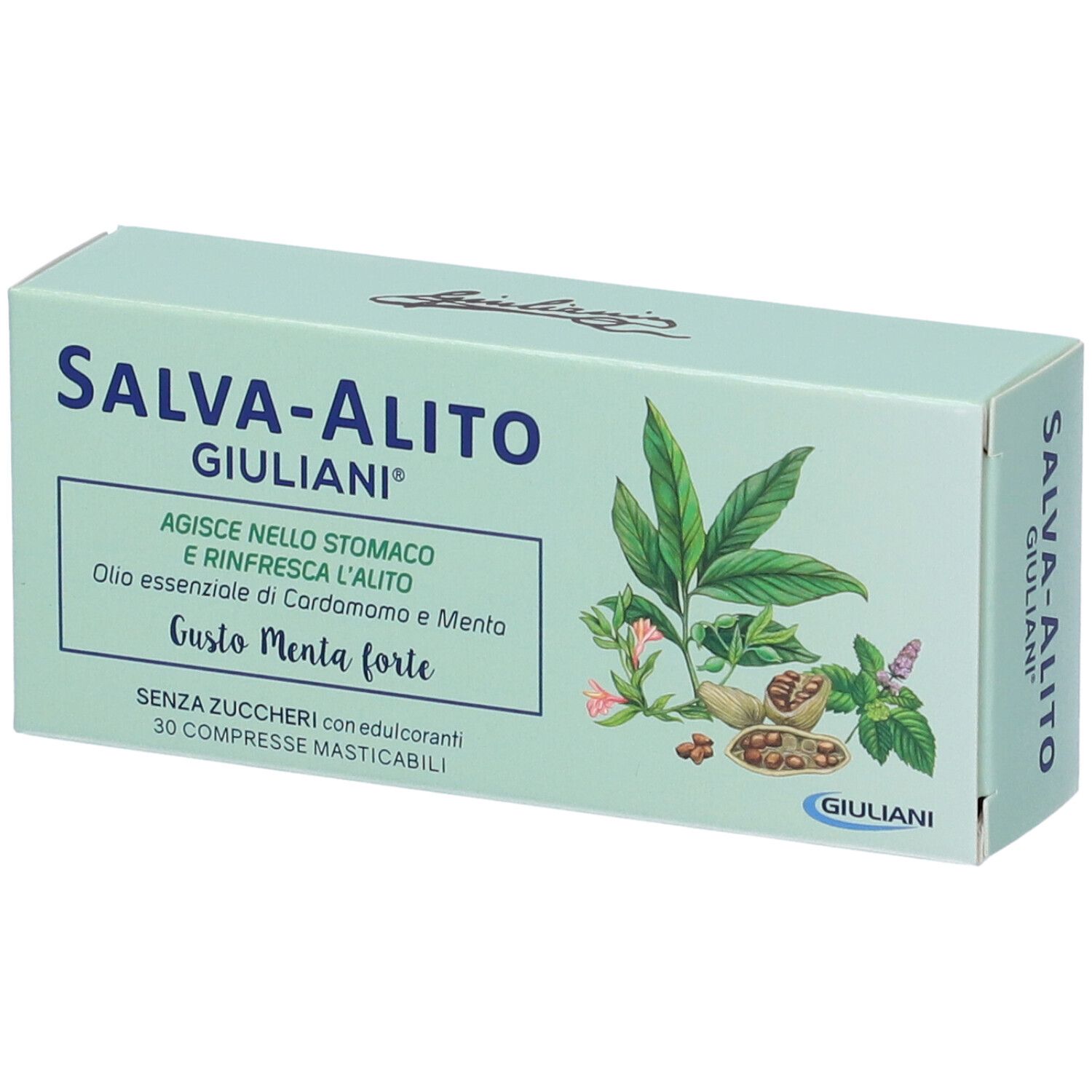 Scatola verde chiaro SALVA-ALITO con illustrazioni. Testo: 'Gusto Menta forte' e '30 compresse masticabili'.