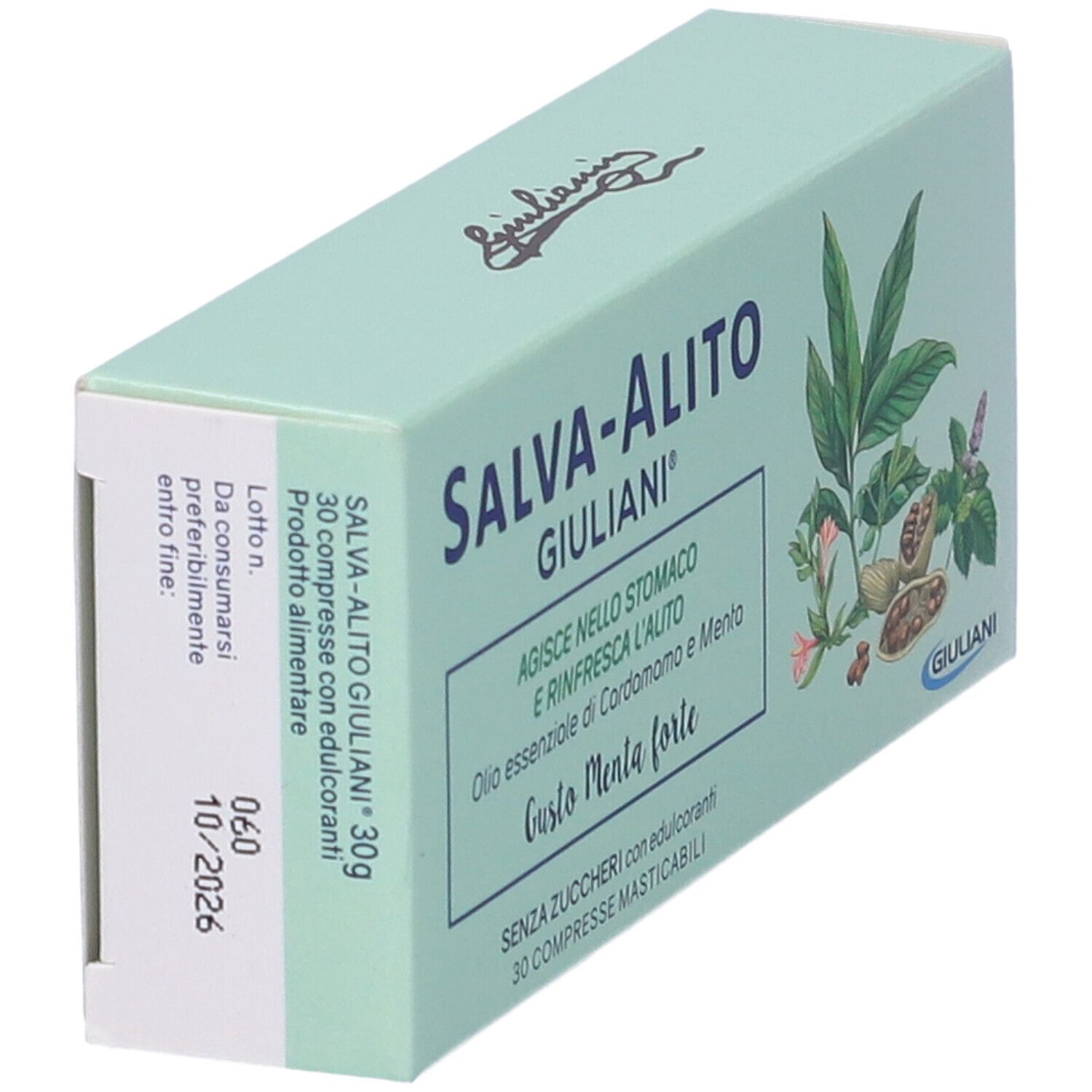 Scatola verde chiaro SALVA-ALITO con illustrazioni. Testo: 'Gusto Menta forte' e '30 compresse masticabili'. Marchio GIULIANI.