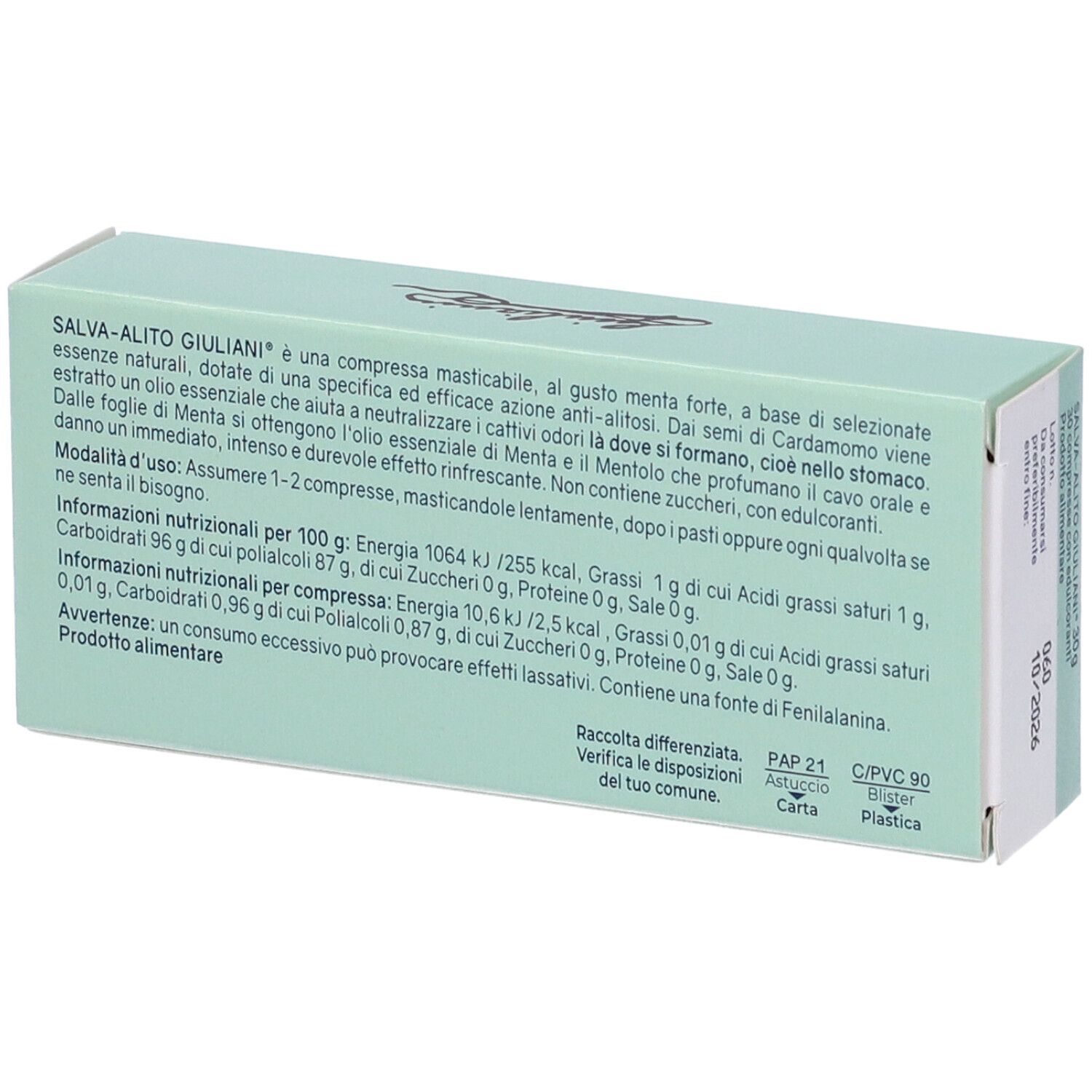Retro della scatola verde chiaro SALVA-ALITO. Testo: informazioni sul prodotto, valori nutrizionali e '10/2026'.