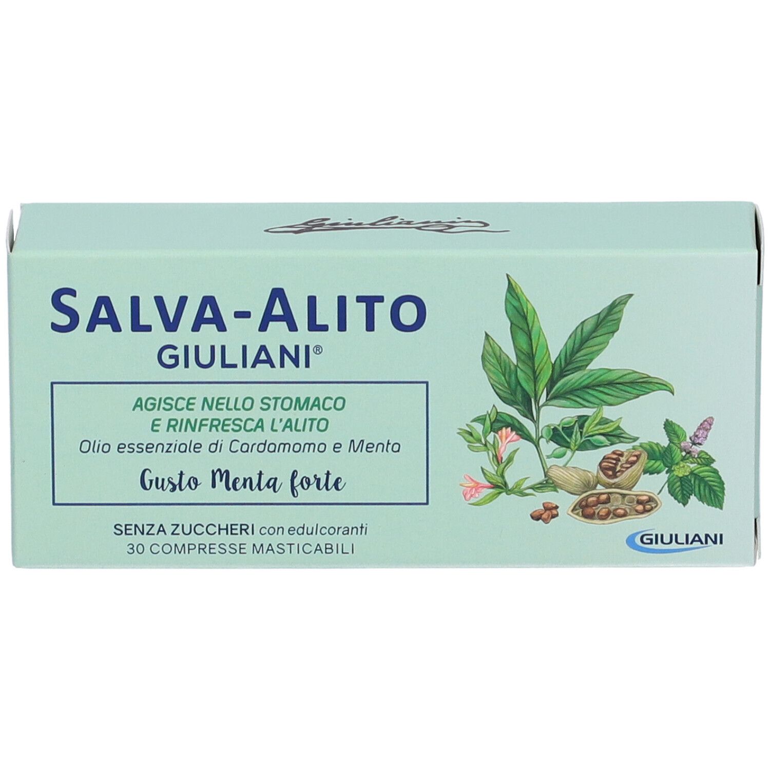 Scatola verde chiaro SALVA-ALITO con illustrazioni. Testo: 'Gusto Menta forte' e '30 compresse masticabili'. Marchio GIULIANI.