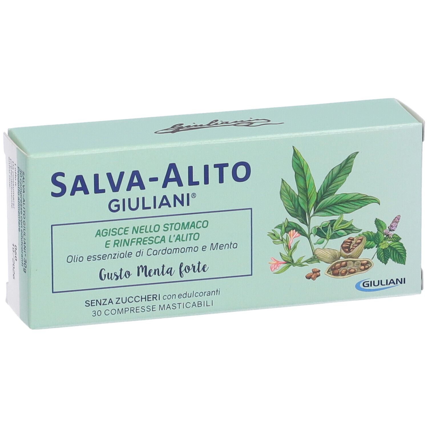 Scatola verde chiaro SALVA-ALITO con illustrazioni. Testo: 'Gusto Menta forte' e '30 compresse masticabili'. Marchio GIULIANI.