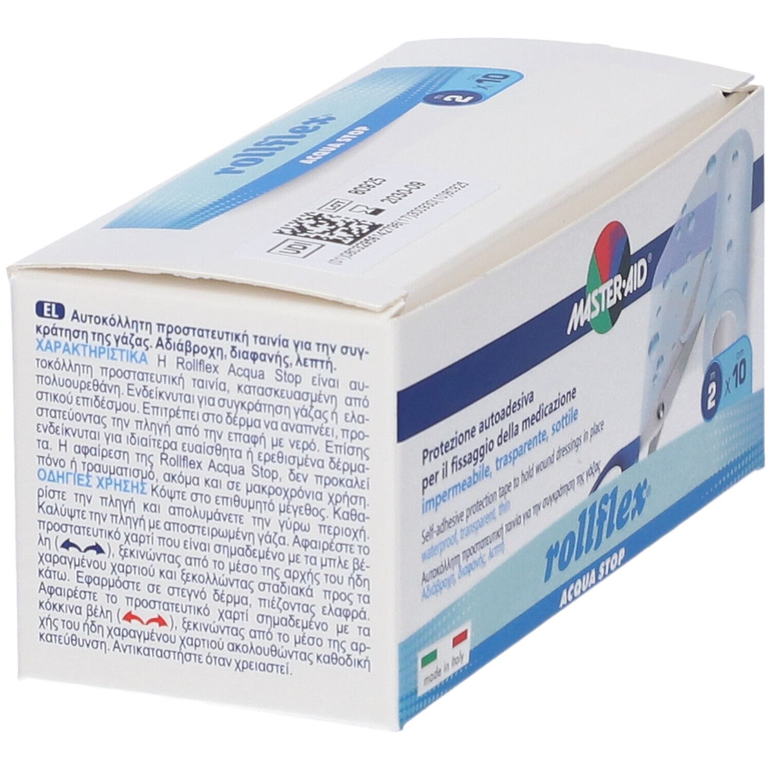 Verpackung von Rollflex Acqua Stop. Text auf der Verpackung in mehreren Sprachen. Enthält 2 Rollen à 10 Stück.