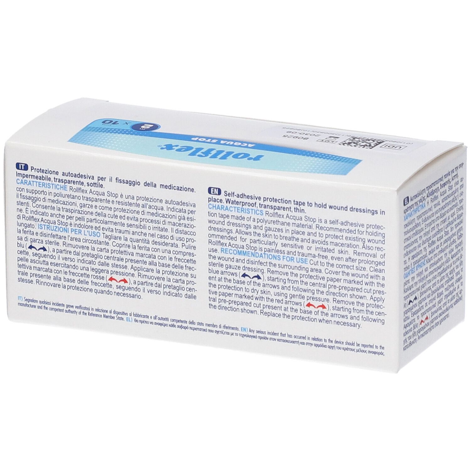 Verpackung von Rollflex Acqua Stop. Text in mehreren Sprachen. Enthält Informationen zur Anwendung. 2 Rollen à 10 Stück.