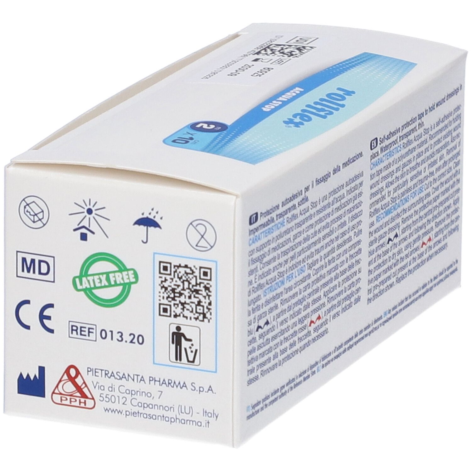 Verpackung von Rollflex Acqua Stop. Enthält Informationen zu Hersteller, Zertifizierungen und Warnhinweisen. Latex-frei.