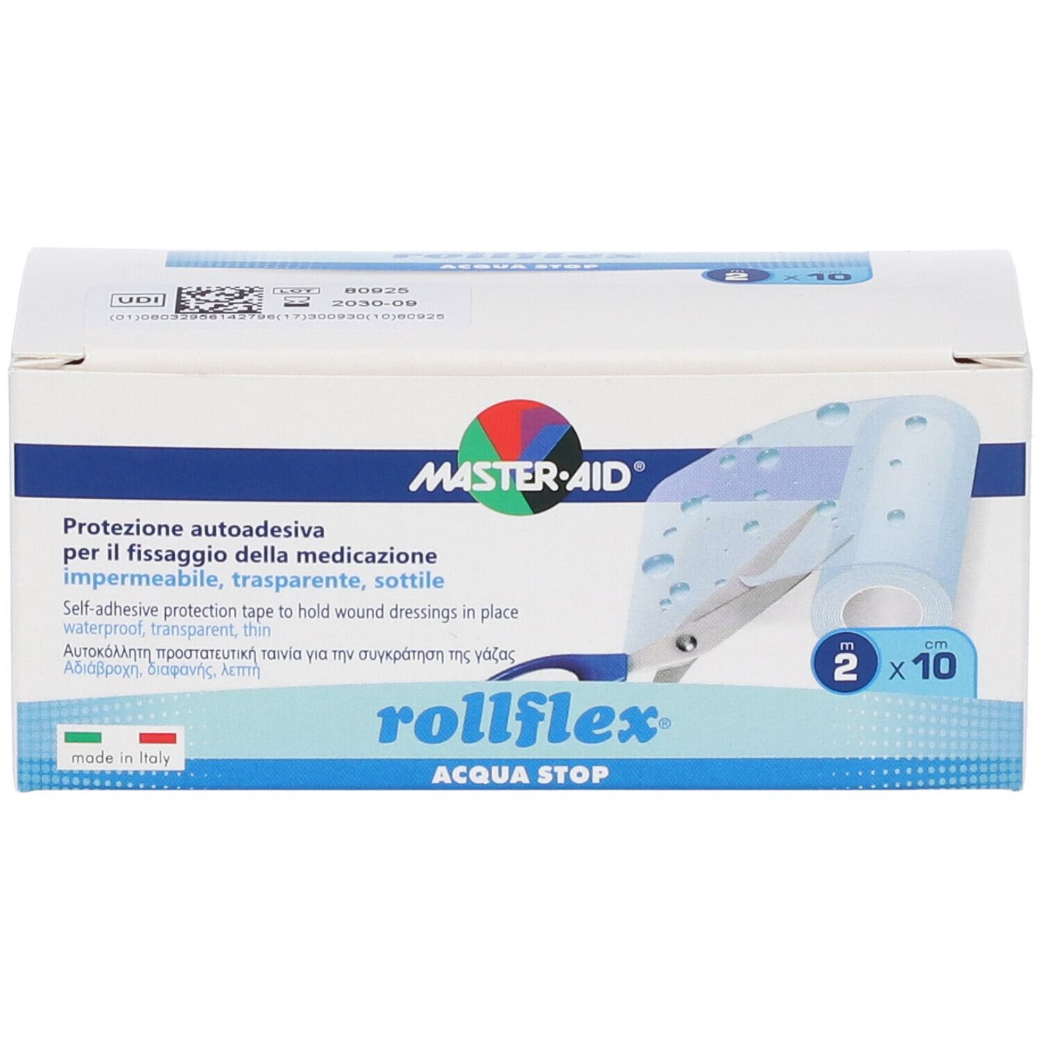 Verpackung von Rollflex Acqua Stop. Selbstklebendes, transparentes Pflaster zur Fixierung von Wundauflagen. 2 Rollen à 10 Stück.