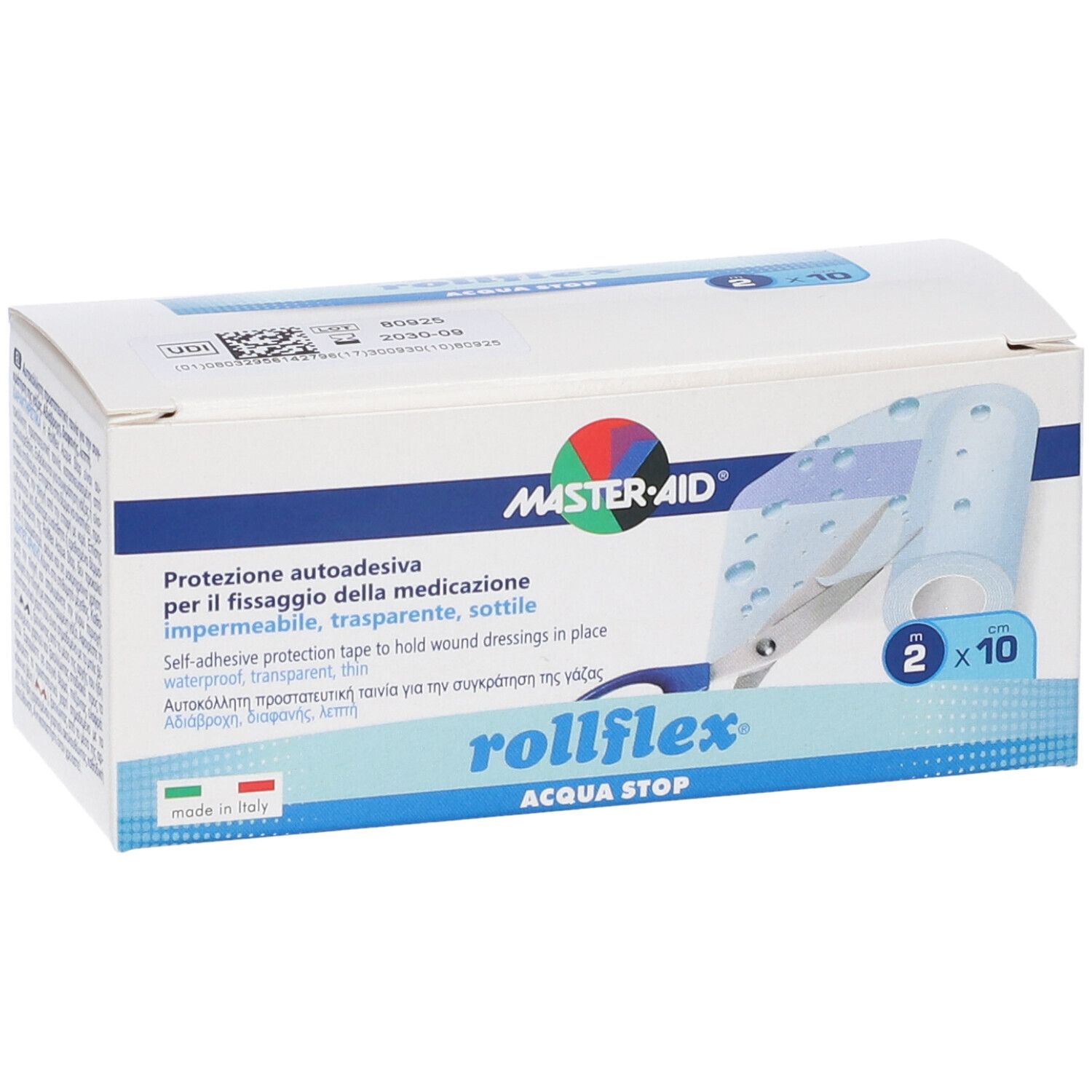 Verpackung von Rollflex Acqua Stop. Selbstklebendes, transparentes Pflaster zur Fixierung von Wundauflagen. 2 Rollen à 10 Stück.