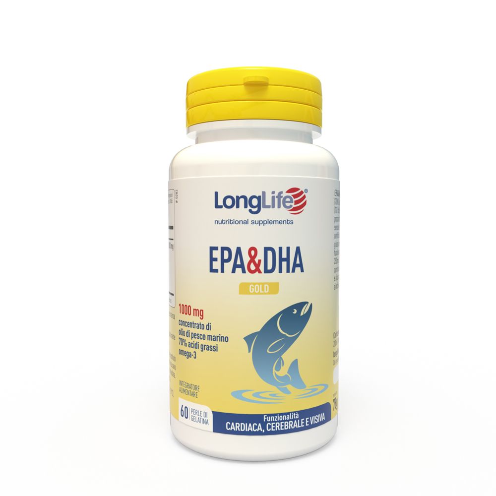 Flacone bianco, tappo giallo. Scritta LongLife EPA&DHA Gold. Illustrazione pesce. 60 capsule.