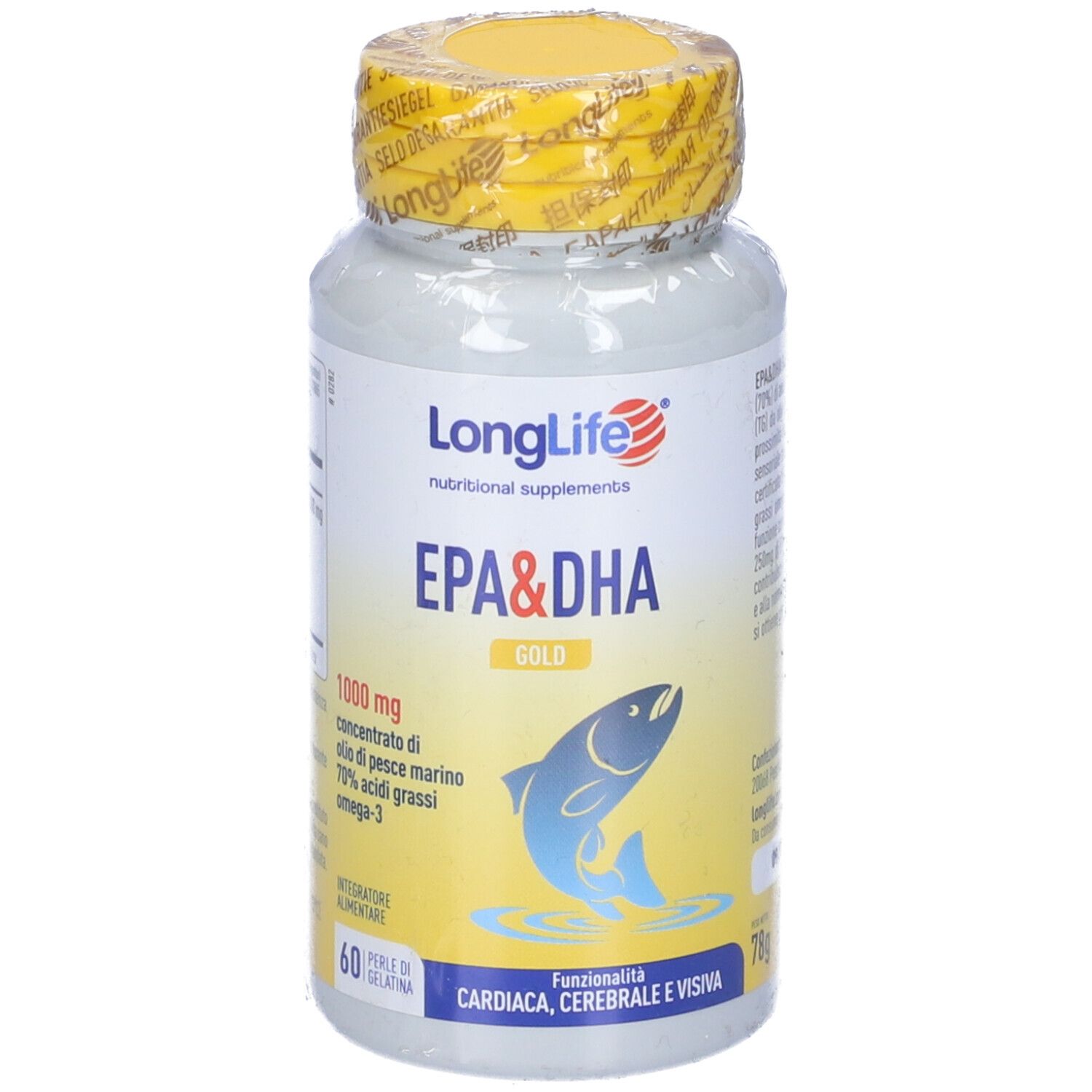 Flacone bianco, tappo giallo. Scritta LongLife EPA&DHA Gold. Illustrazione pesce. 60 capsule.