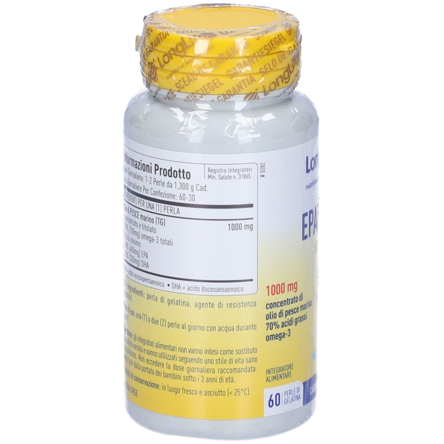 Retro flacone. Informazioni testuali. Tappo giallo. 60 capsule. Senza glutine.