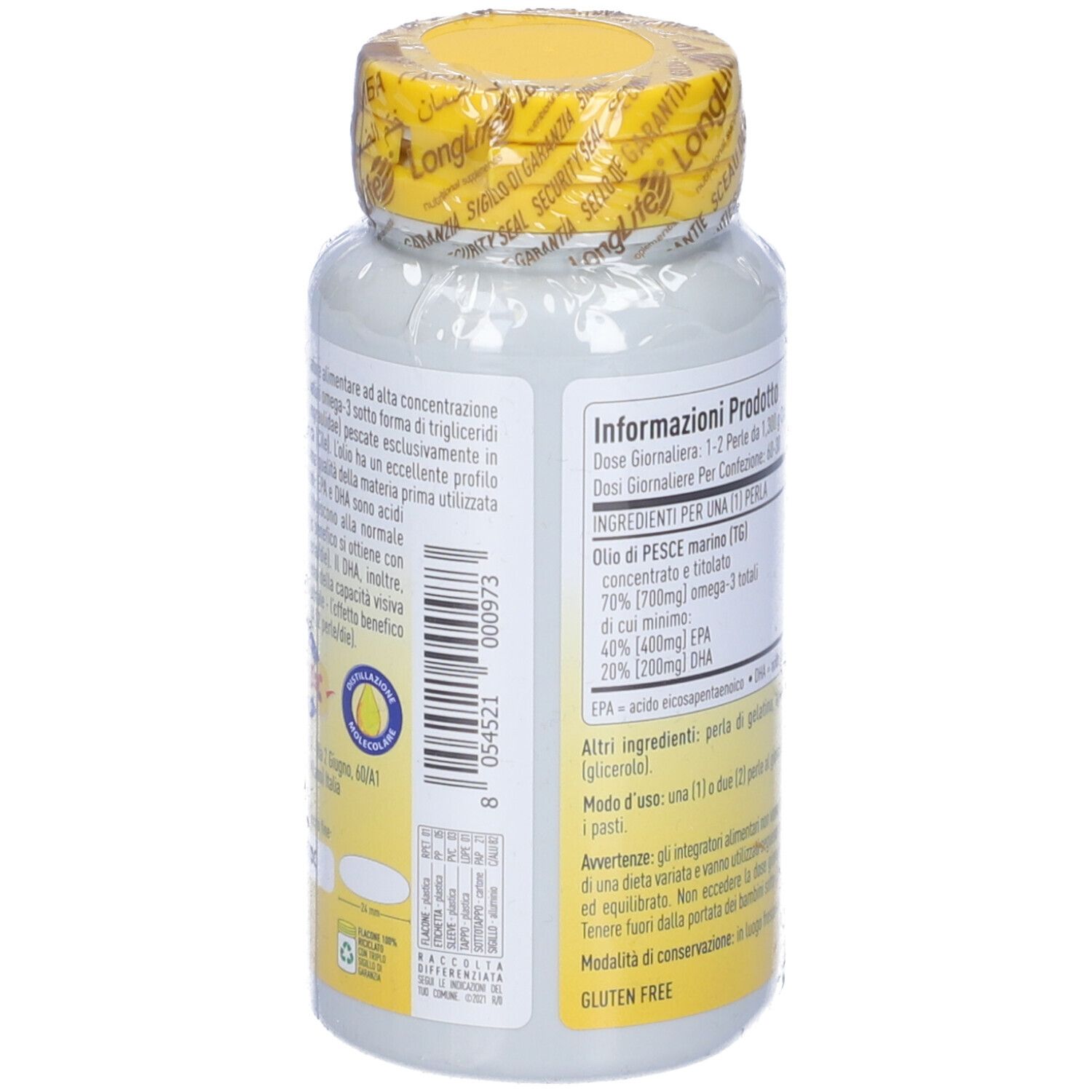Retro flacone. Informazioni testuali. Tappo giallo. 60 capsule. Senza glutine.