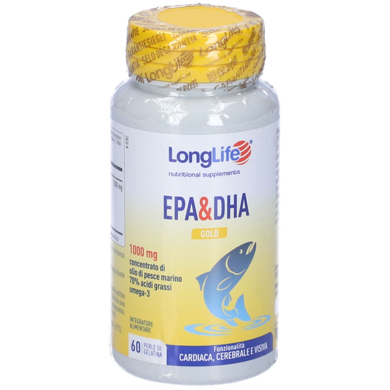 Flacone bianco, tappo giallo. Scritta LongLife EPA&DHA Gold. Illustrazione pesce. 60 capsule.