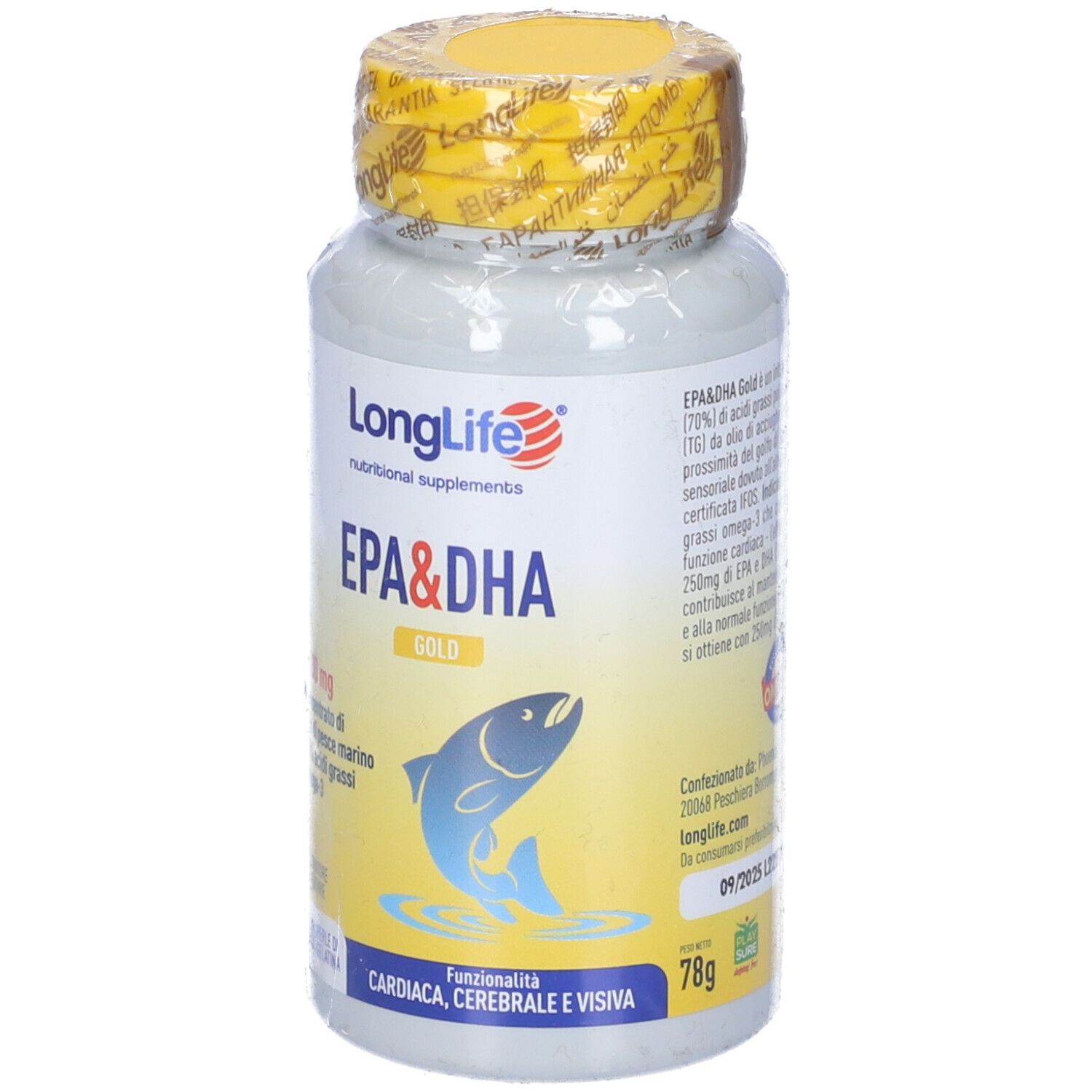 Flacone bianco, tappo giallo. Scritta LongLife EPA&DHA Gold. Illustrazione pesce. 60 capsule.