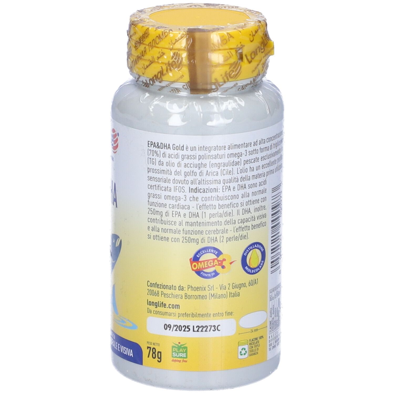 Retro flacone. Informazioni testuali. Tappo giallo. 78g. Logo Omega-3.
