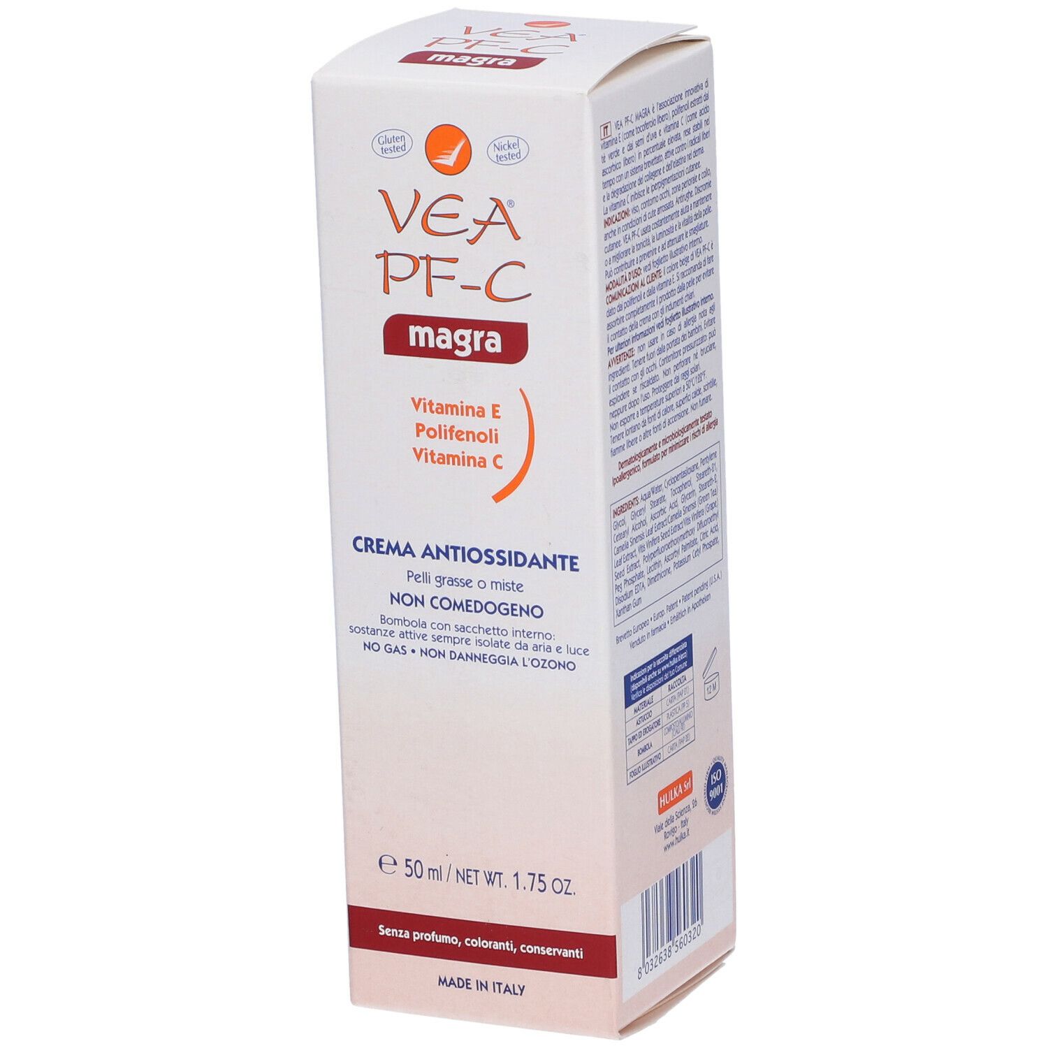 Confezione di crema VEA PF-C magra. Contiene vitamina E, polifenoli e vitamina C. Scritta: Crema antiossidante. 50 ml.