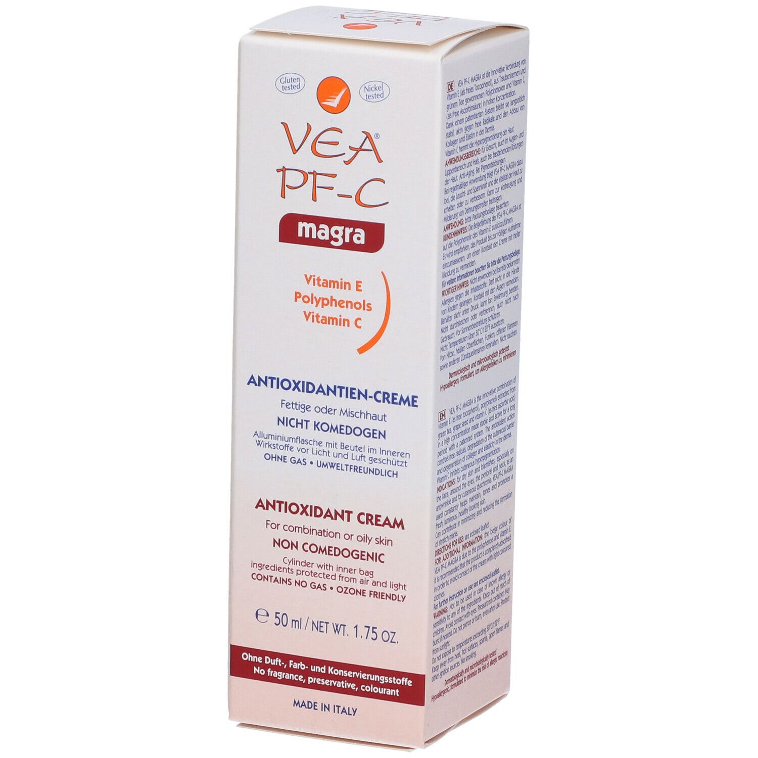 Confezione VEA PF-C magra. Contiene vitamina E, polifenoli e vitamina C. Scritta: Crema antiossidante. 50 ml. Non comedogeno.