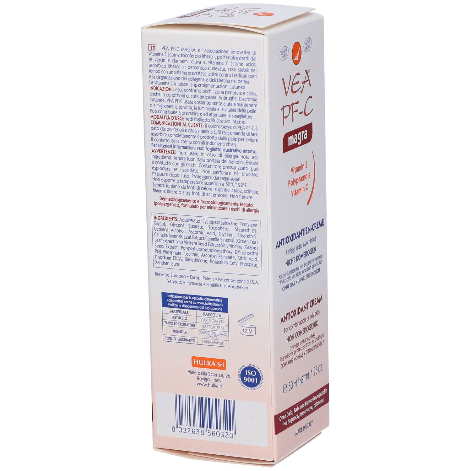 Confezione VEA PF-C magra. Retro con testo e ingredienti. Contiene vitamina E, polifenoli e vitamina C. 50 ml. ISO 9001.