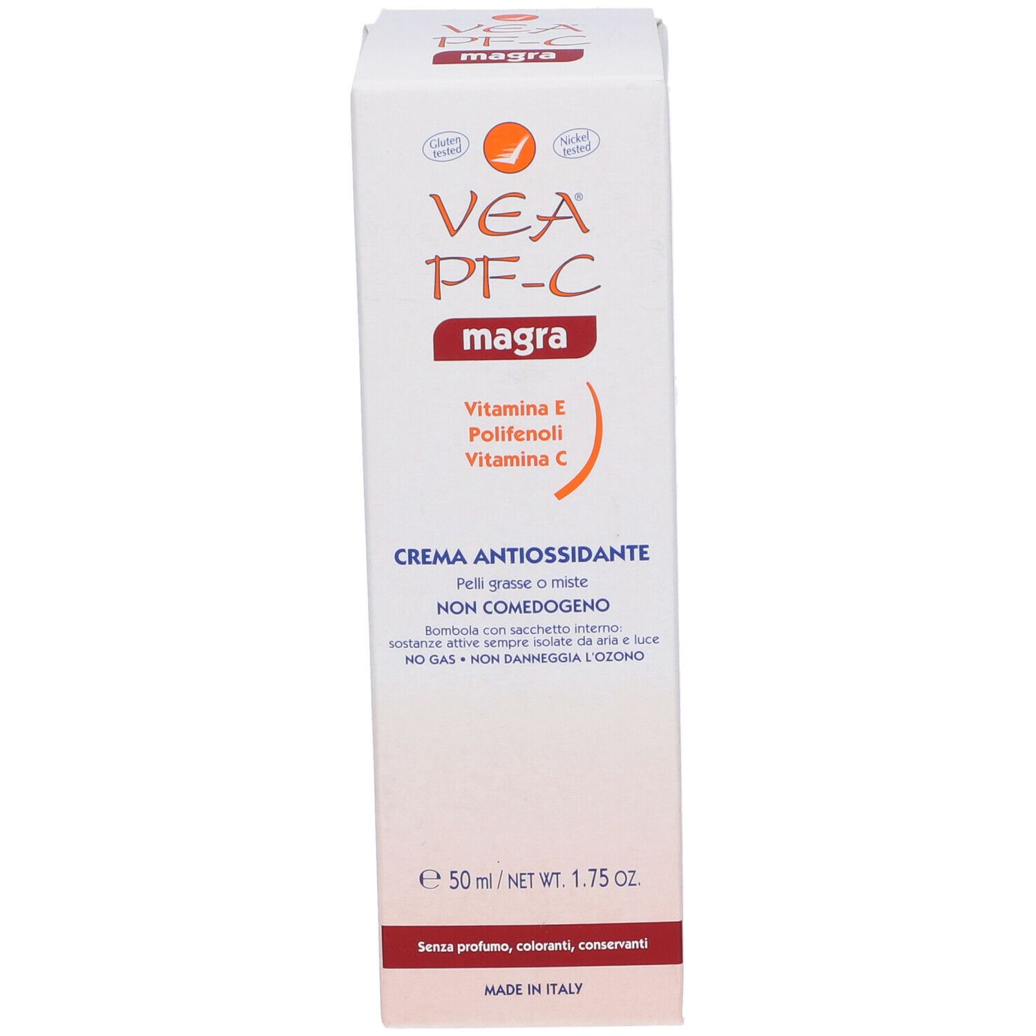 Confezione di crema VEA PF-C magra. Contiene vitamina E, polifenoli e vitamina C. Scritta: Crema antiossidante. 50 ml.