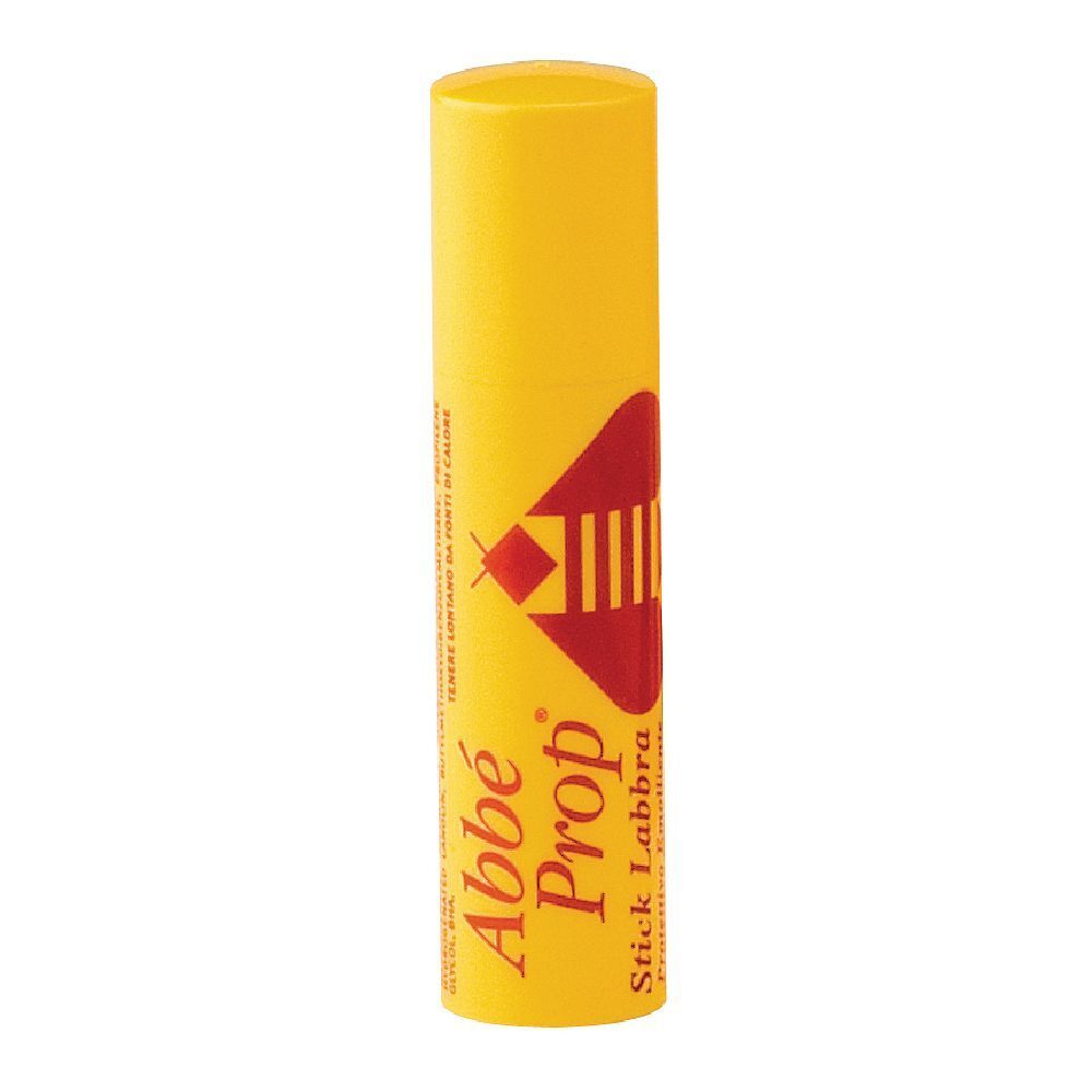 Stick labbra giallo con logo e scritta rossi. Nome prodotto: Abbé Prop Stick Labbra.