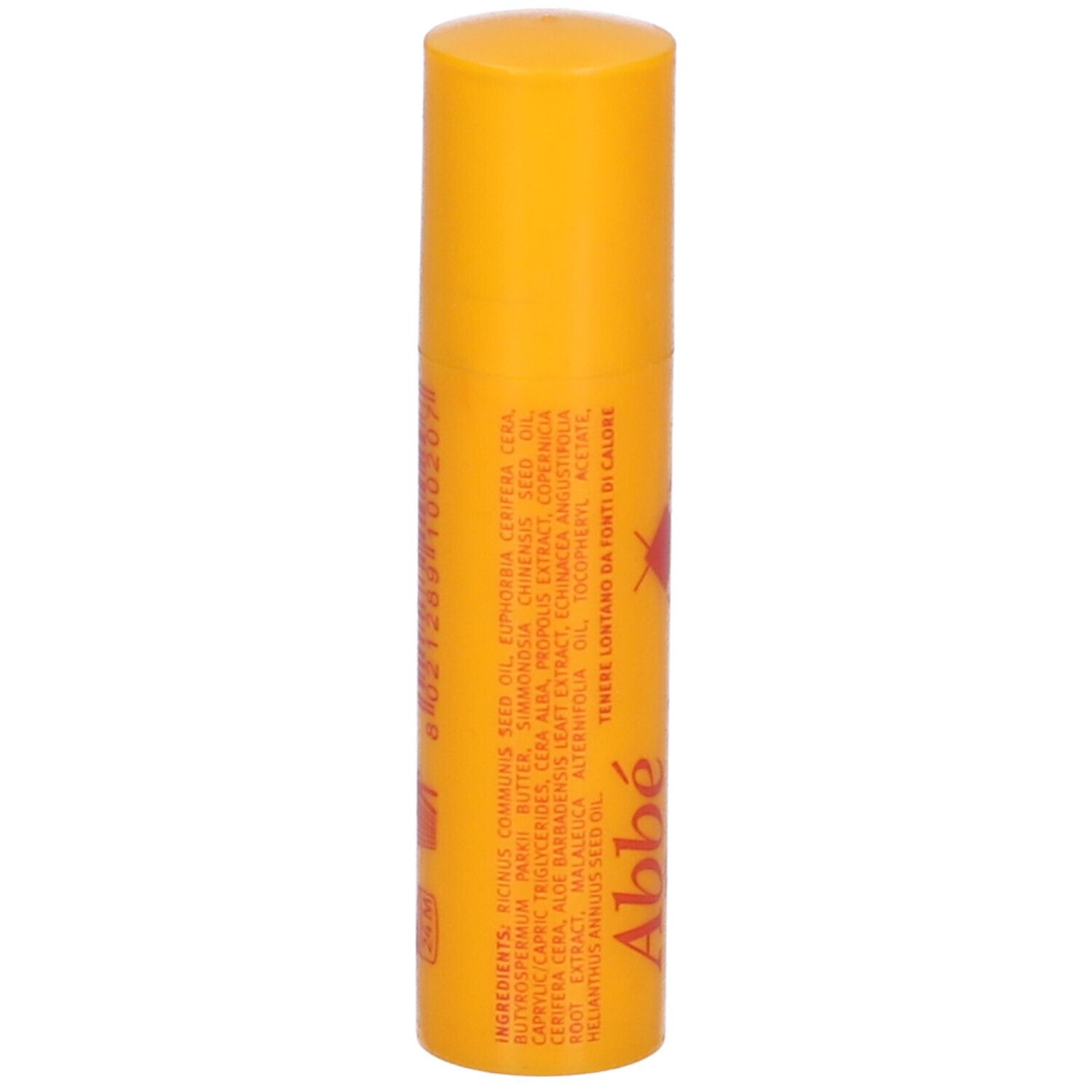 Stick labbra giallo con elenco ingredienti. Nome prodotto: Abbé. Contiene ingredienti.