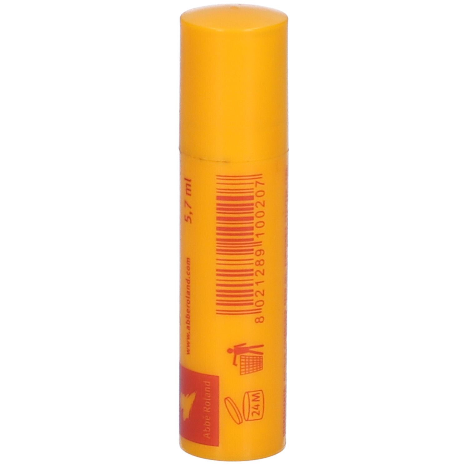 Stick labbra giallo con codice a barre e volume 5,7 ml. Nome prodotto: Abbé.